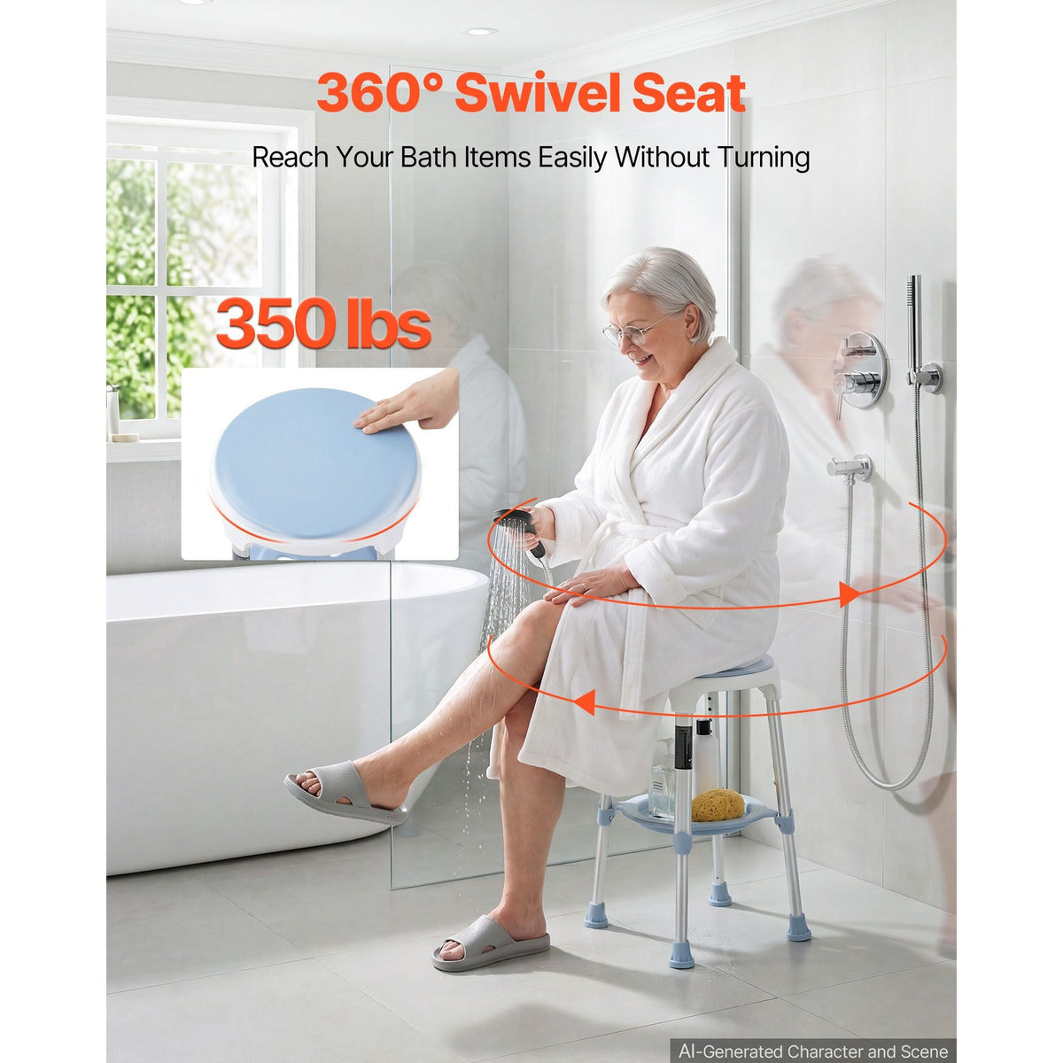 Swivel Shower Chair 360 Degree, Height Adjustable Bath Seat for Inside Showers or Tubs, Non-Slip Rotating Bathtub Stool with Storage Tray for Elderly Disabled Injured, 350LBS Capacity