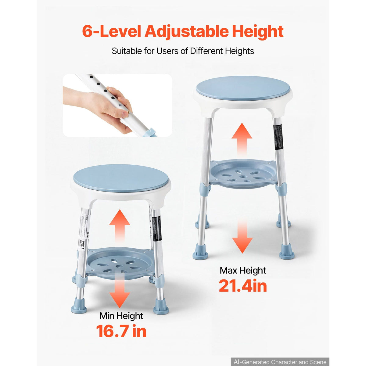 Swivel Shower Chair 360 Degree, Height Adjustable Bath Seat for Inside Showers or Tubs, Non-Slip Rotating Bathtub Stool with Storage Tray for Elderly Disabled Injured, 350LBS Capacity