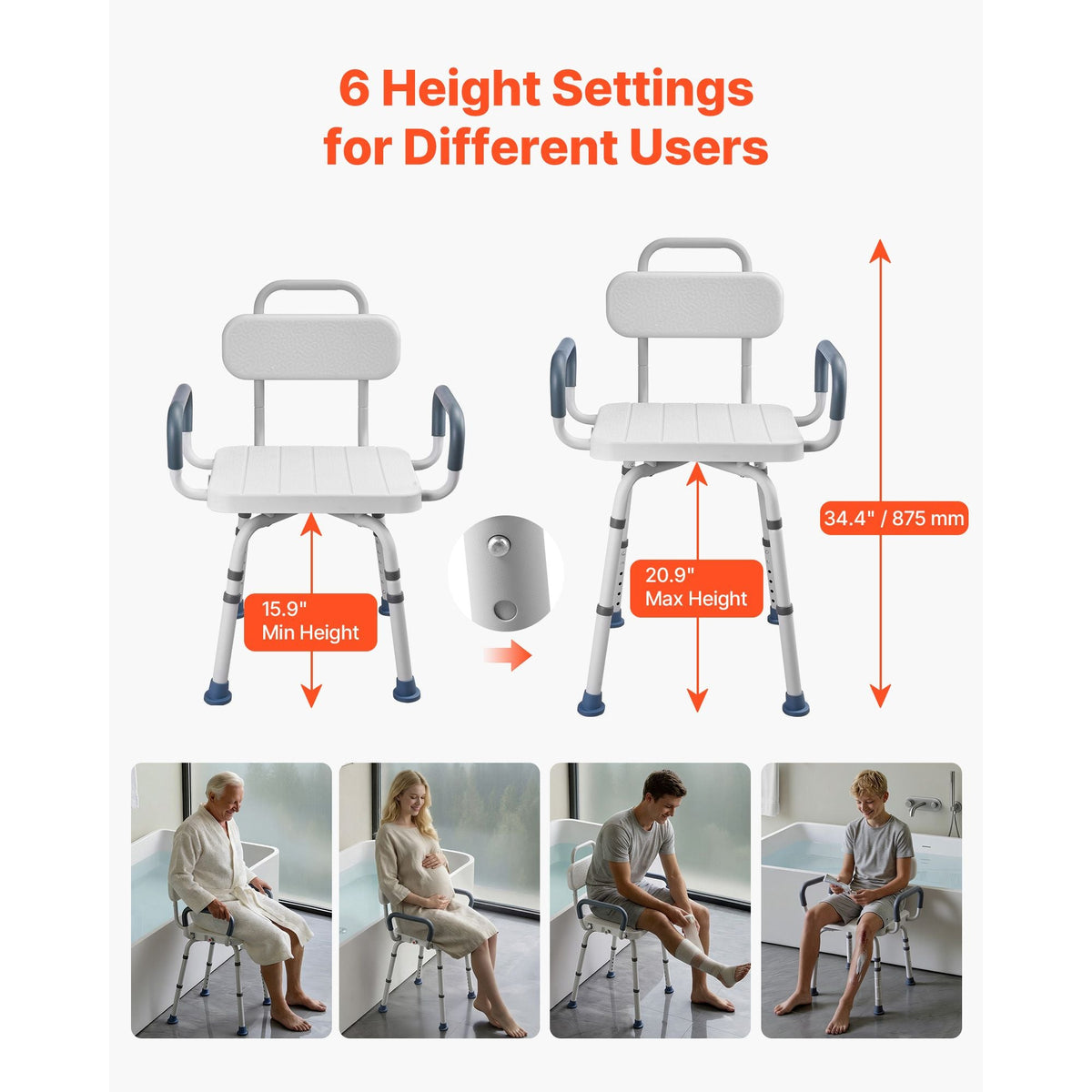Swivel Shower Chair with Arms and Back, 400 lbs Heavy Duty Bench Seat for Inside Shower Stall and Bathtub, Height Adjustable Bathroom Bath Tub Seat for Adults, Seniors, Elderly and Disabled
