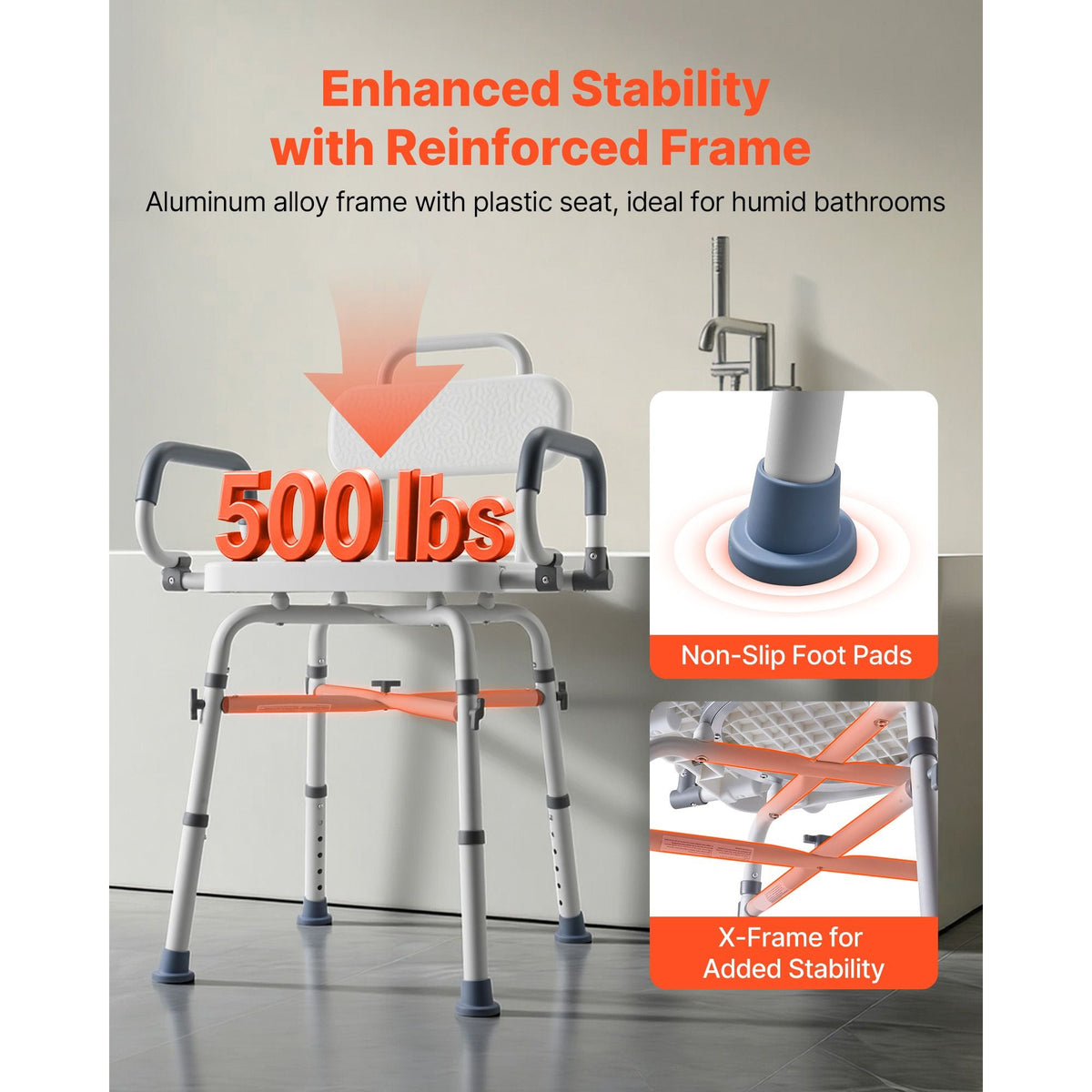 Swivel Shower Chair with Arms and Back, 500 lbs Heavy Duty Bench Seat for Inside Shower Stall and Bathtub, Height Adjustable Bathroom Bath Tub Seat for Adults, Seniors, Elderly and Disabled