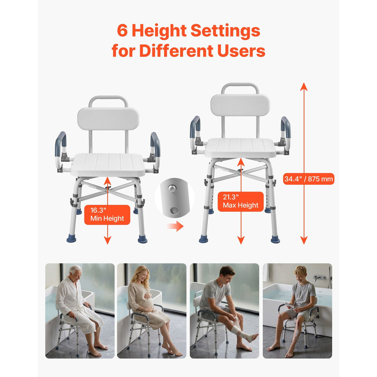Swivel Shower Chair with Arms and Back, 500 lbs Heavy Duty Bench Seat for Inside Shower Stall and Bathtub, Height Adjustable Bathroom Bath Tub Seat for Adults, Seniors, Elderly and Disabled