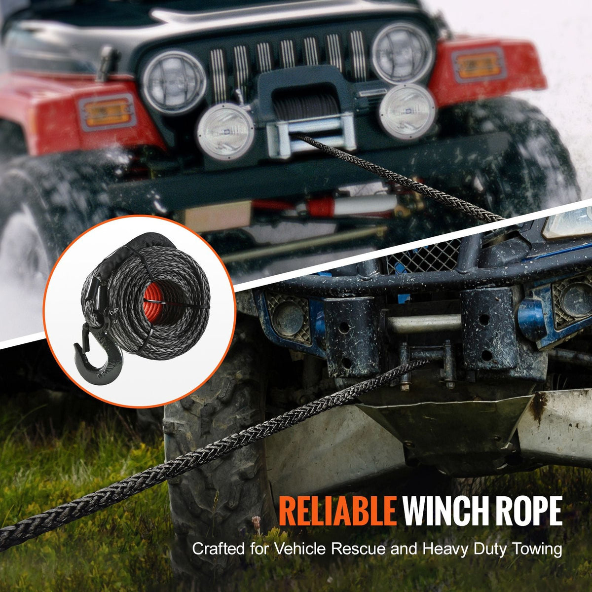 Synthetic Winch Rope, 1/2 Inch x 92 Feet 32,000 lbs Synthetic Winch Line Cable Rope with Protective Sleeve + Forged Winch Hook + Pull Strap, Universal Fit for SUV, Large Off-Road Vehicle, Truck