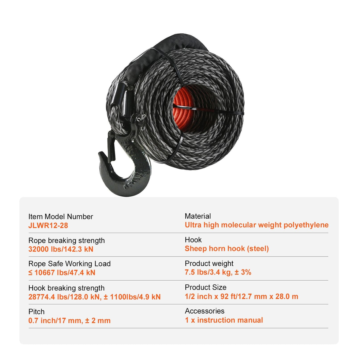 Synthetic Winch Rope, 1/2 Inch x 92 Feet 32,000 lbs Synthetic Winch Line Cable Rope with Protective Sleeve + Forged Winch Hook + Pull Strap, Universal Fit for SUV, Large Off-Road Vehicle, Truck
