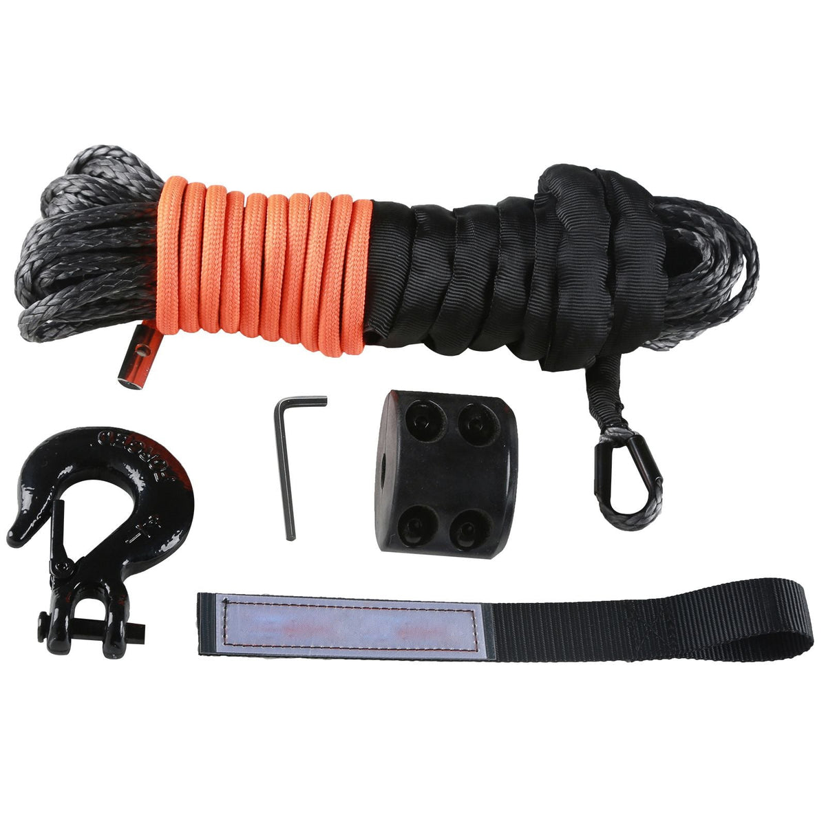Synthetic Winch Rope, 3/16 Inch x 50 Feet 8,350 lbs Synthetic Winch Line Cable Rope with Protective Sleeve + Stopper + Forged Winch Hook + Pull Strap, Universal Fit for ATV, UTV, Vehicle Towing