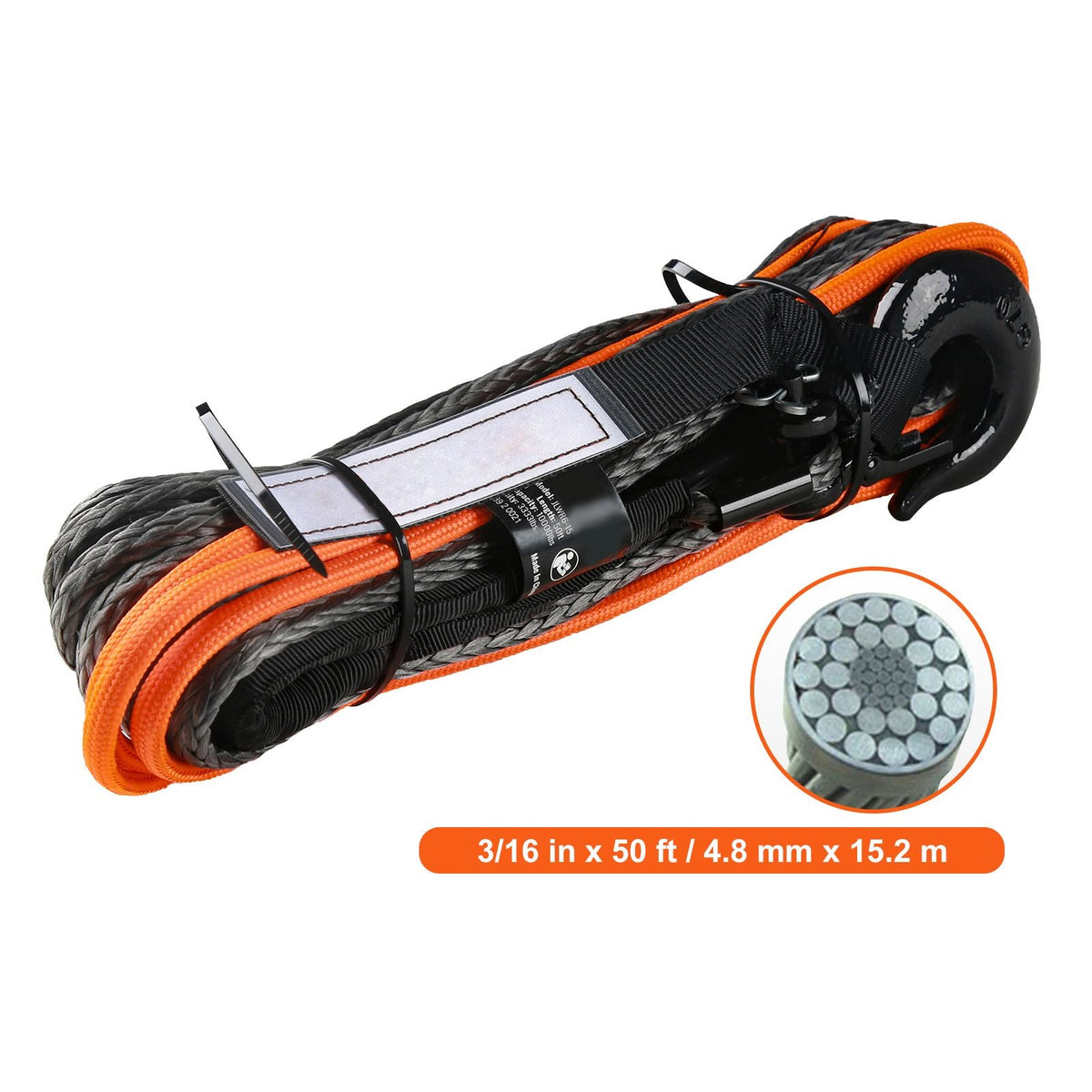 Synthetic Winch Rope, 3/16 Inch x 50 Feet 8,350 lbs Synthetic Winch Line Cable Rope with Protective Sleeve + Stopper + Forged Winch Hook + Pull Strap, Universal Fit for ATV, UTV, Vehicle Towing