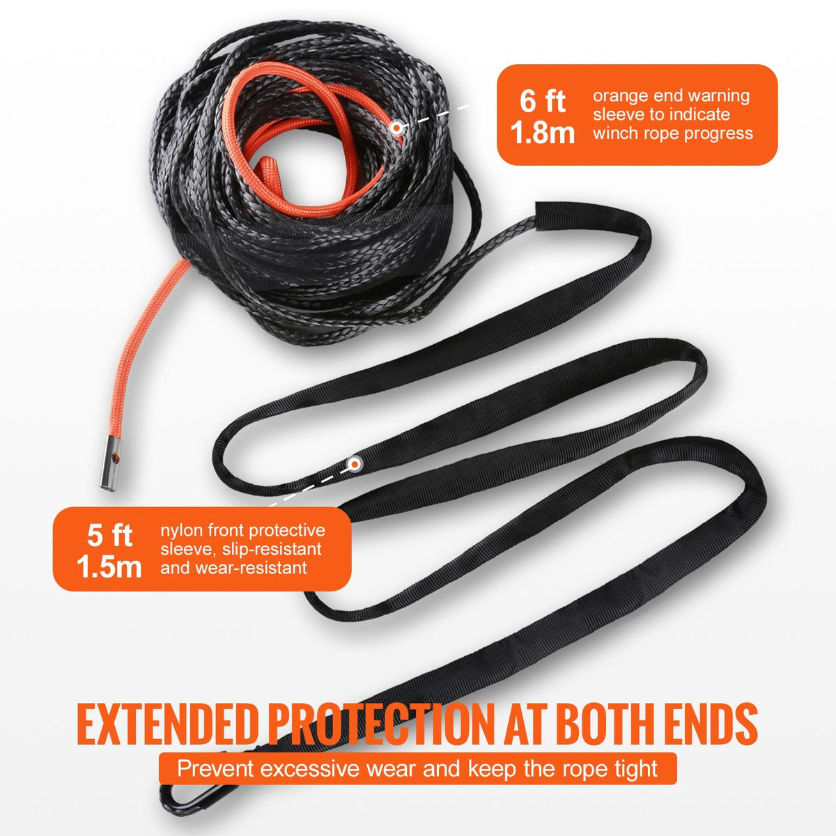 Synthetic Winch Rope, 3/8 Inch x 100 Feet 26,500 lbs Synthetic Winch Line Cable Rope with Protective Sleeve + Forged Winch Hook + Pull Strap, Universal Fit for SUV, Large Off-Road Vehicle, Truck