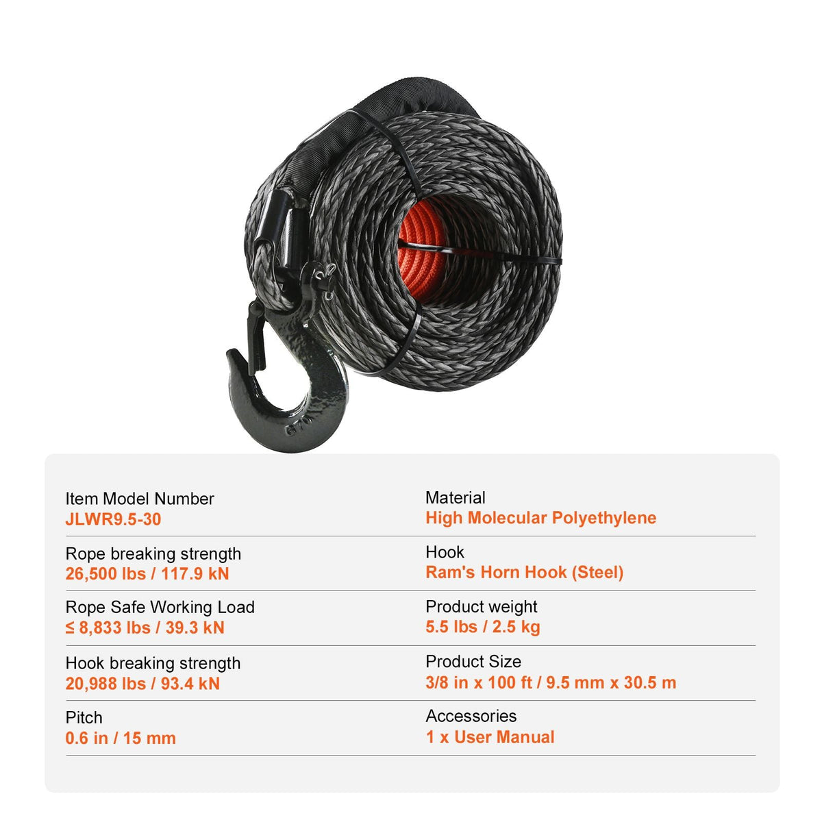 Synthetic Winch Rope, 3/8 Inch x 100 Feet 26,500 lbs Synthetic Winch Line Cable Rope with Protective Sleeve + Forged Winch Hook + Pull Strap, Universal Fit for SUV, Large Off-Road Vehicle, Truck
