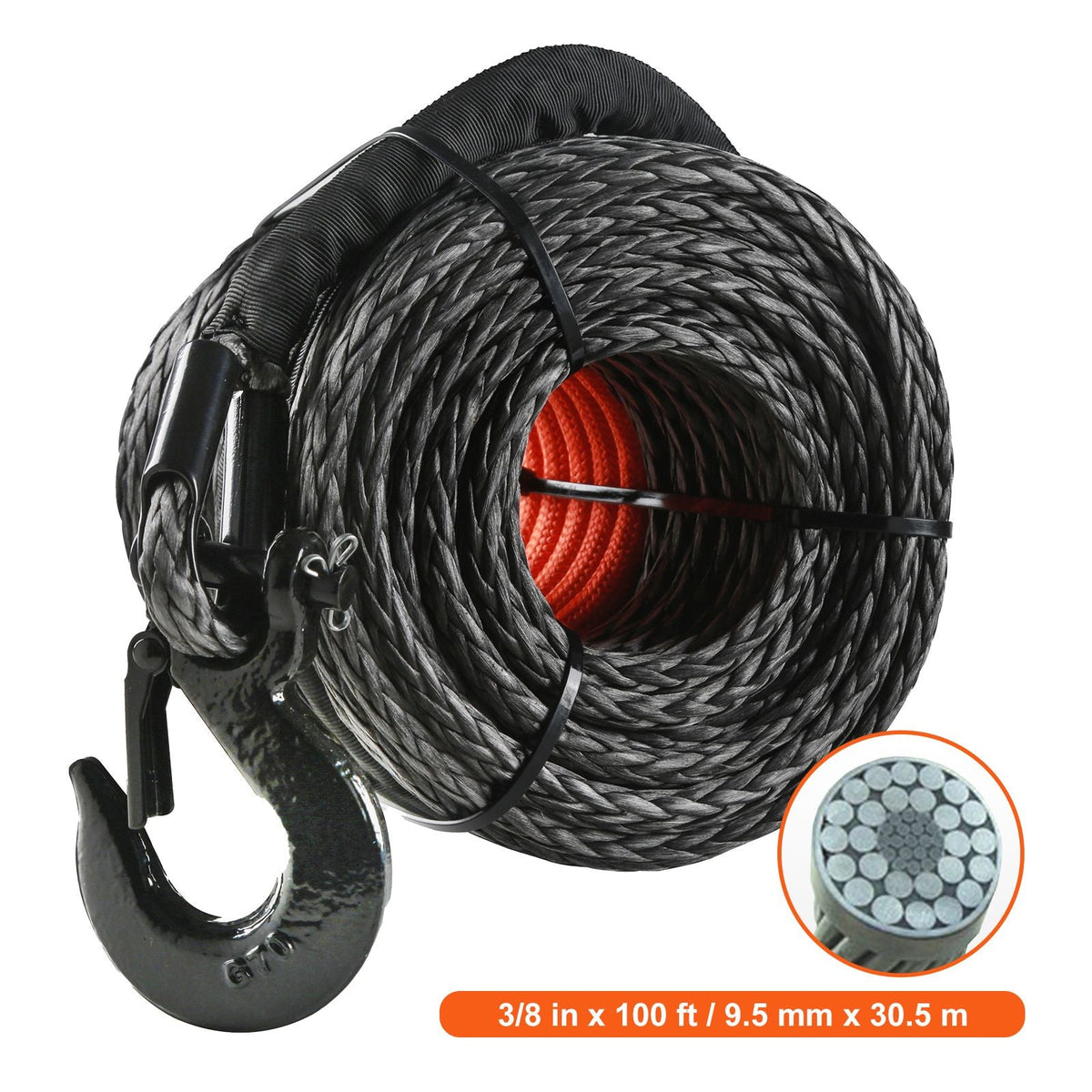 Synthetic Winch Rope, 3/8 Inch x 100 Feet 26,500 lbs Synthetic Winch Line Cable Rope with Protective Sleeve + Forged Winch Hook + Pull Strap, Universal Fit for SUV, Large Off-Road Vehicle, Truck