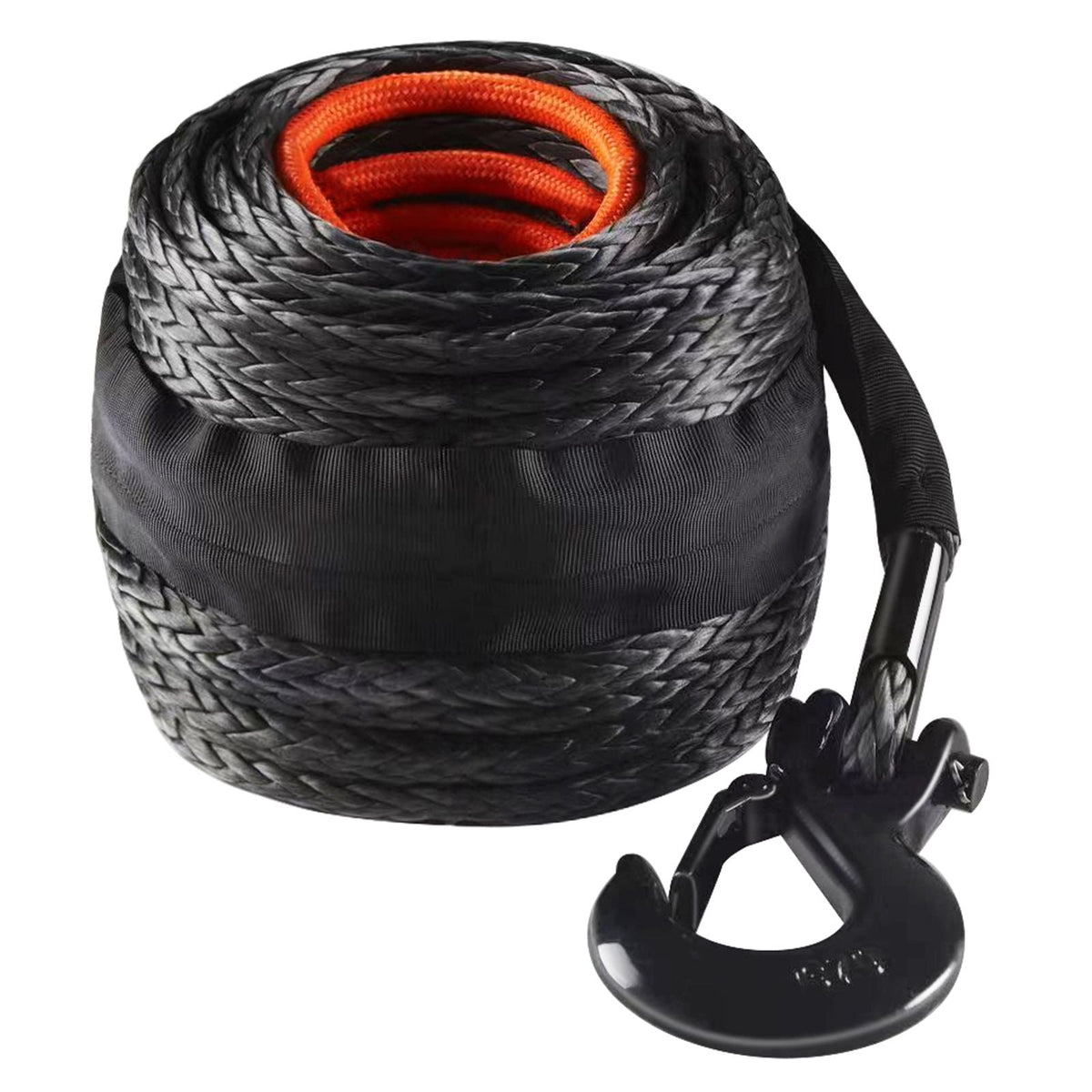 Synthetic Winch Rope, 3/8 Inch x 85 Feet 26,500 lbs Synthetic Winch Line Cable Rope with Protective Sleeve + Forged Winch Hook + Pull Strap, Universal Fit for SUV, Large Off-Road Vehicle, Truck