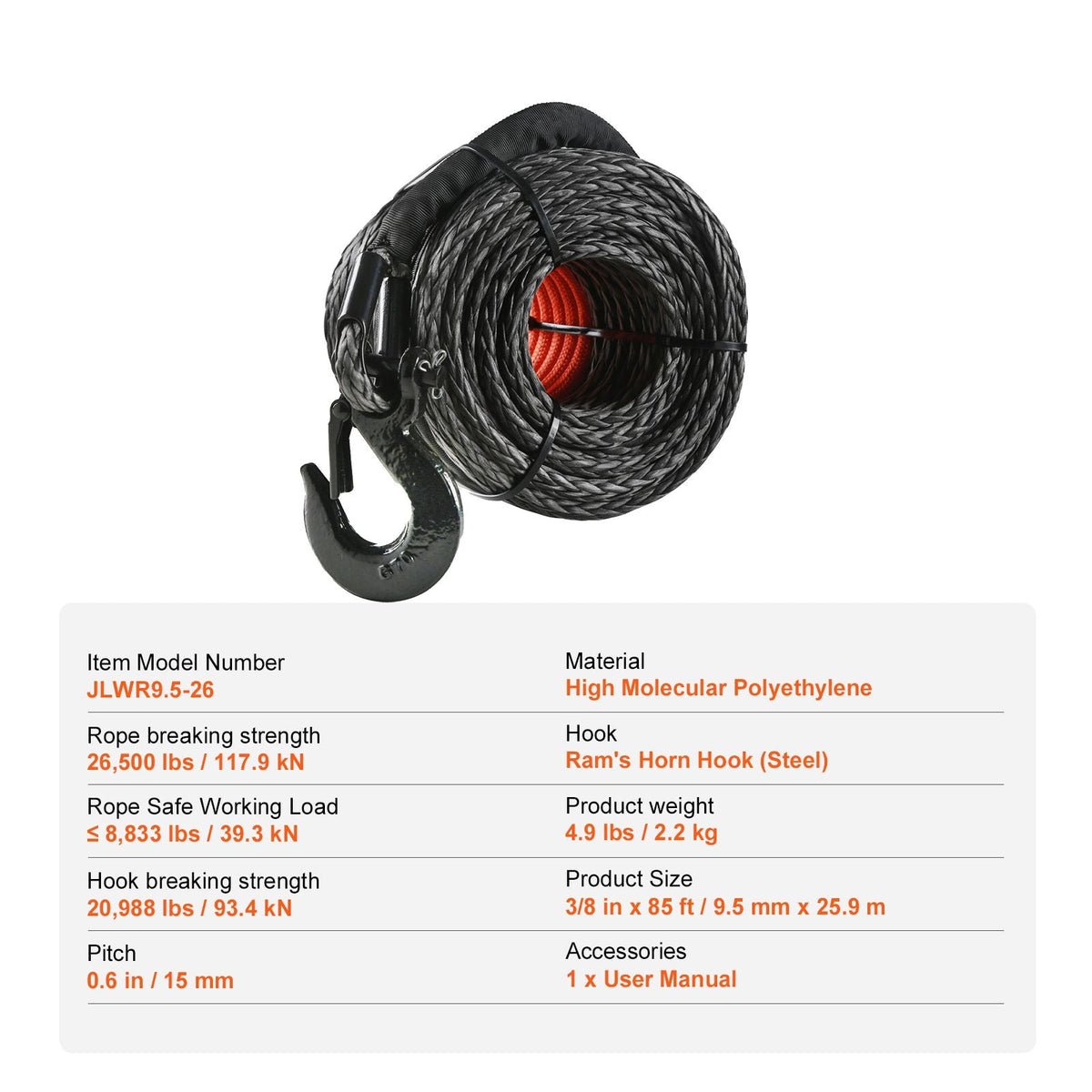 Synthetic Winch Rope, 3/8 Inch x 85 Feet 26,500 lbs Synthetic Winch Line Cable Rope with Protective Sleeve + Forged Winch Hook + Pull Strap, Universal Fit for SUV, Large Off-Road Vehicle, Truck