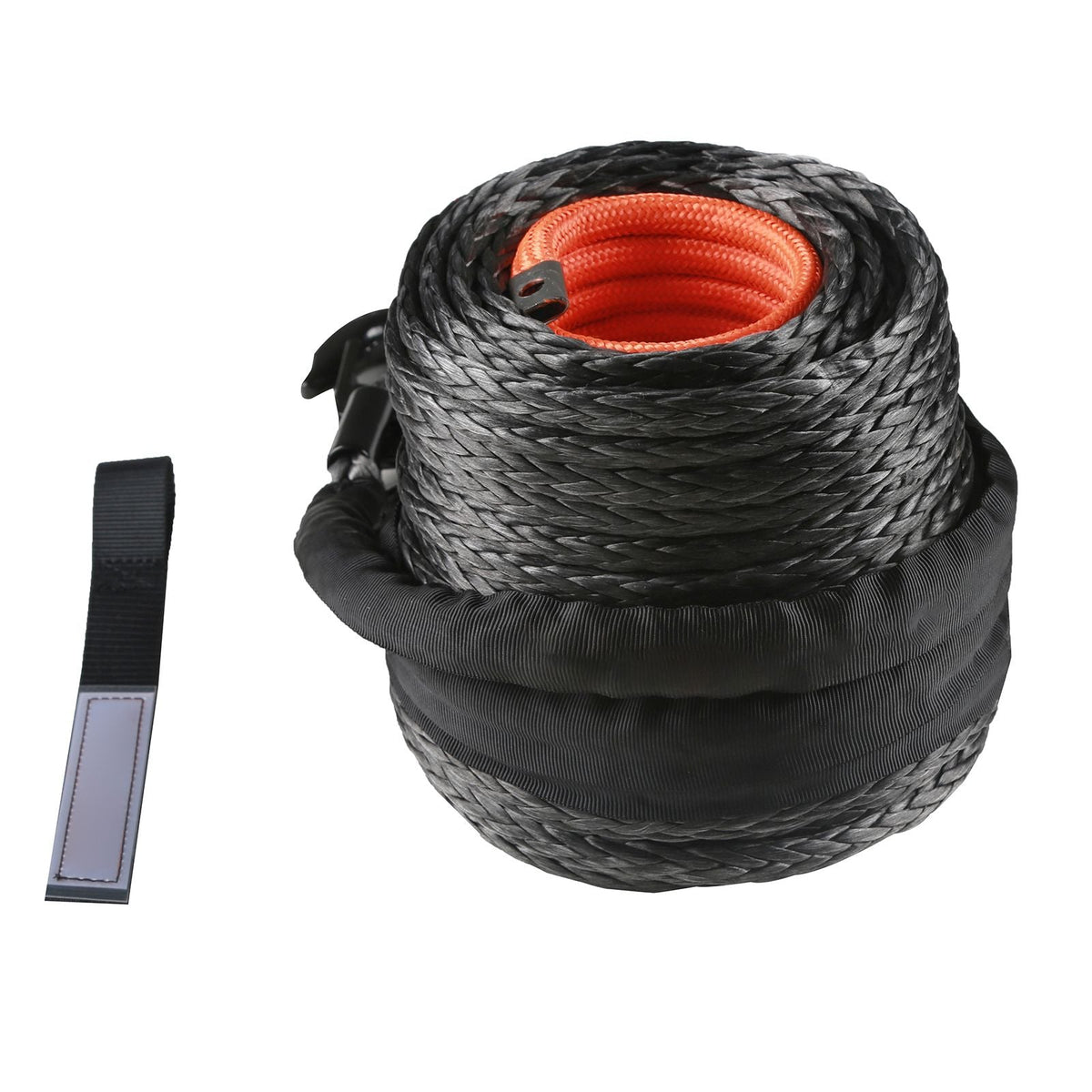 Synthetic Winch Rope, 3/8 Inch x 85 Feet 26,500 lbs Synthetic Winch Line Cable Rope with Protective Sleeve + Forged Winch Hook + Pull Strap, Universal Fit for SUV, Large Off-Road Vehicle, Truck