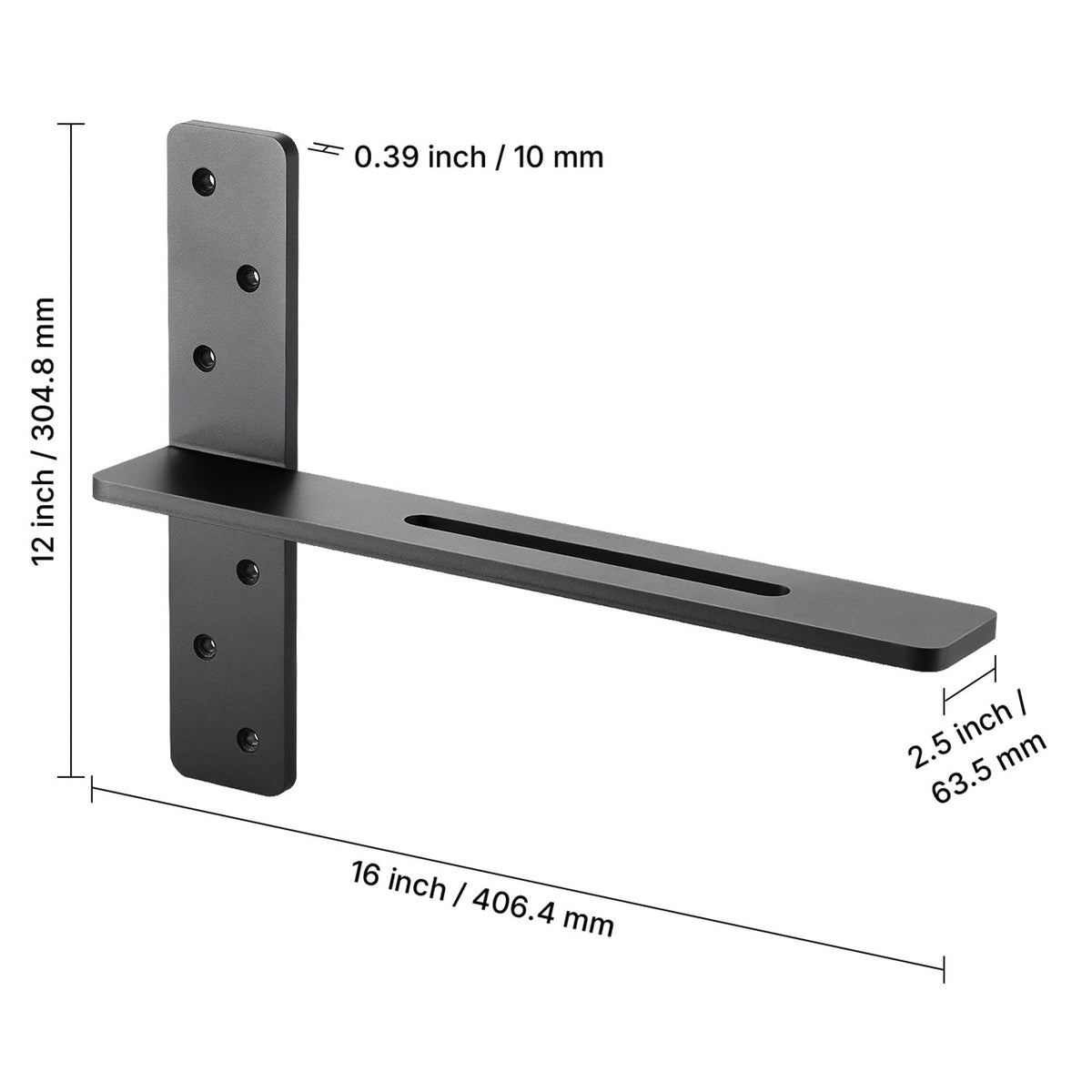 T Shelf Brackets 2 Pcs, 200 lbs/90 kg Weight Capacity, 16x2.89x12 in / 406.4x73.5x304.8 mm, Solid Steel Heavy Duty Brackets for Shelves, Countertop Support Floating Bracket Hardware with Screws