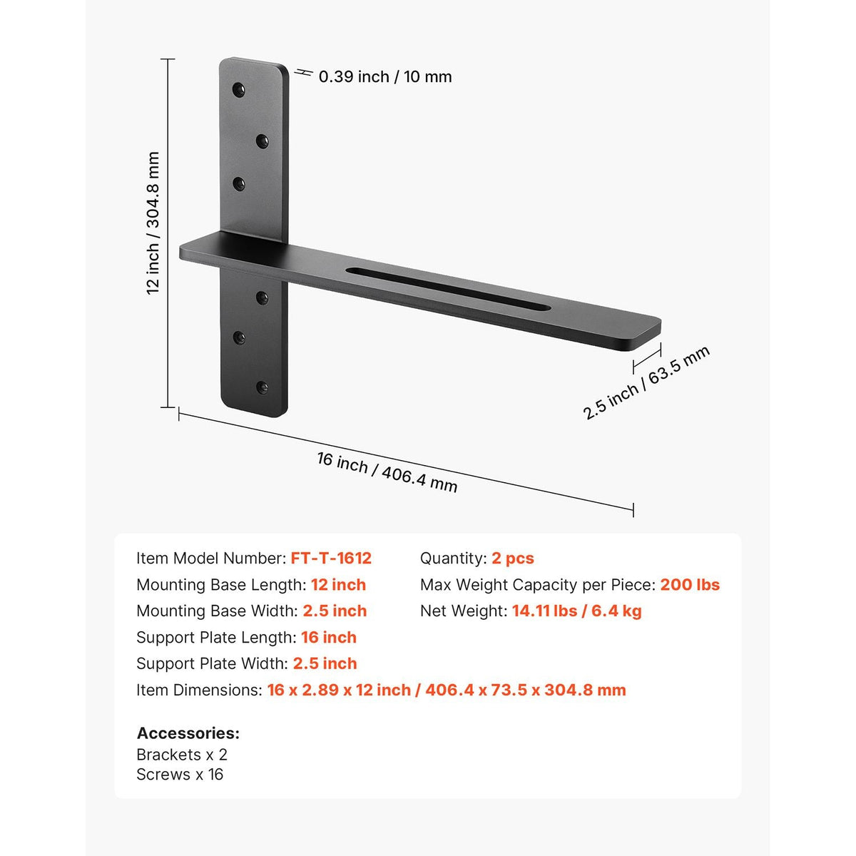 T Shelf Brackets 2 Pcs, 200 lbs/90 kg Weight Capacity, 16x2.89x12 in / 406.4x73.5x304.8 mm, Solid Steel Heavy Duty Brackets for Shelves, Countertop Support Floating Bracket Hardware with Screws