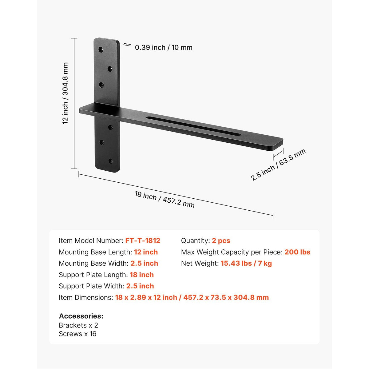 T Shelf Brackets 2 Pcs, 200 lbs/90 kg Weight Capacity, 18x2.89x12 in / 457.2x73.5x304.8 mm, Solid Steel Heavy Duty Brackets for Shelves, Countertop Support Floating Bracket Hardware with Screws