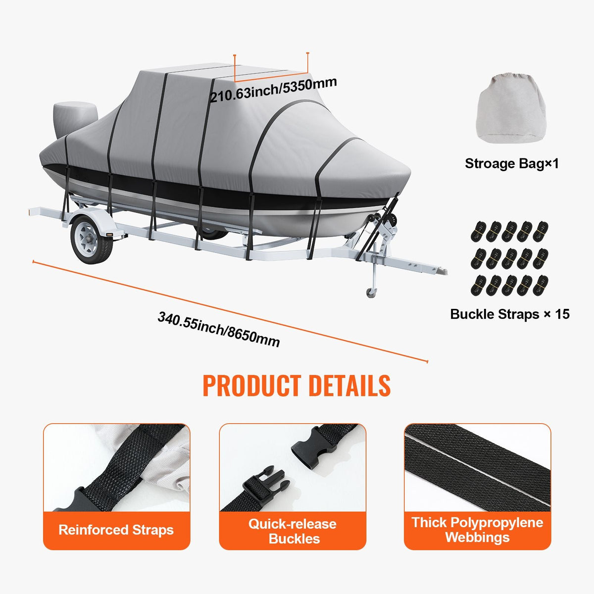 T Top Boat Cover, 20'-22' Waterproof Trailerable T-Top Boat Cover, 600D Marine Grade PU Oxford, with Windproof Buckle Straps, for Center Console Boat with T Top Roof, Fits 20'-22'L x 106"W, Grey