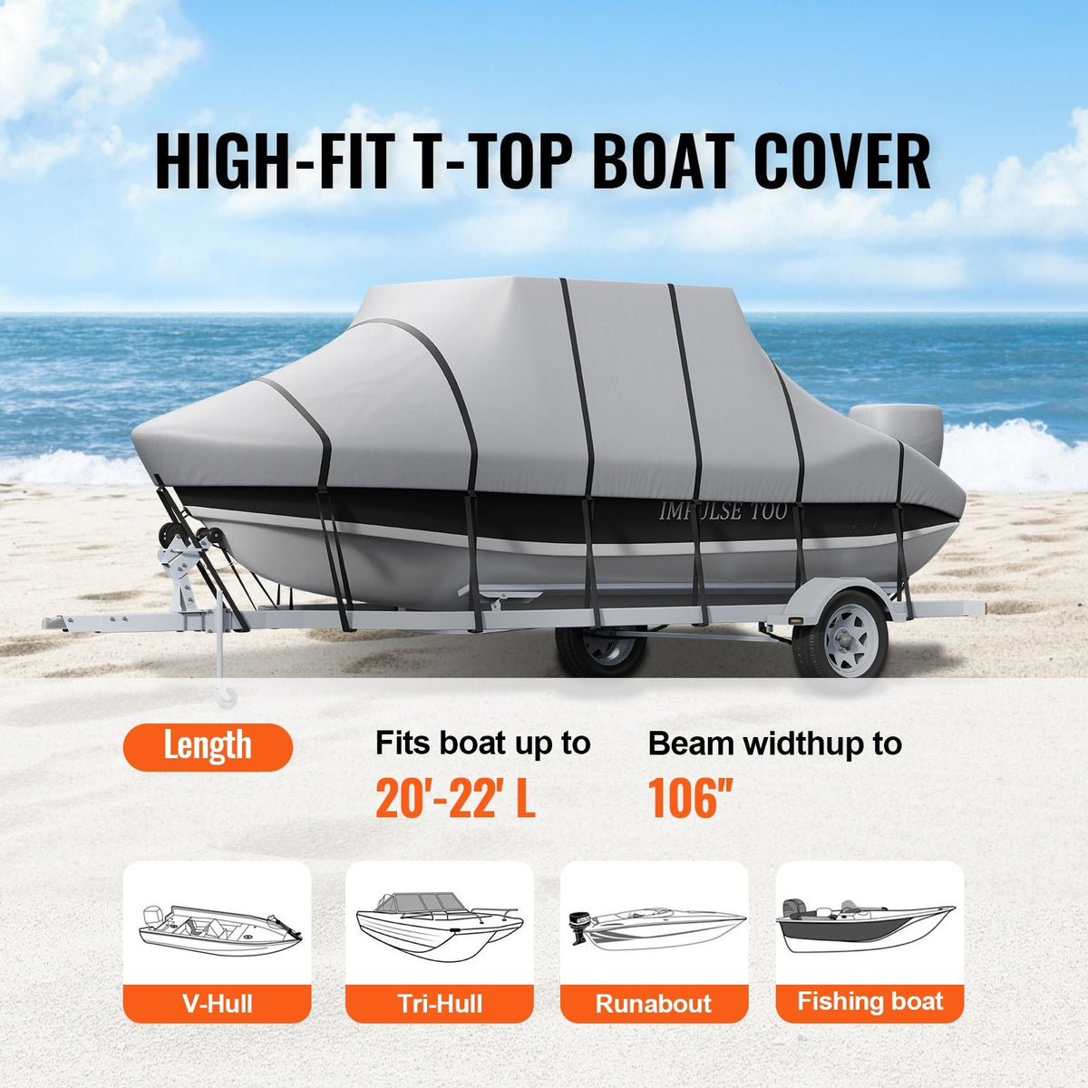 T Top Boat Cover, 20'-22' Waterproof Trailerable T-Top Boat Cover, 600D Marine Grade PU Oxford, with Windproof Buckle Straps, for Center Console Boat with T Top Roof, Fits 20'-22'L x 106"W, Grey