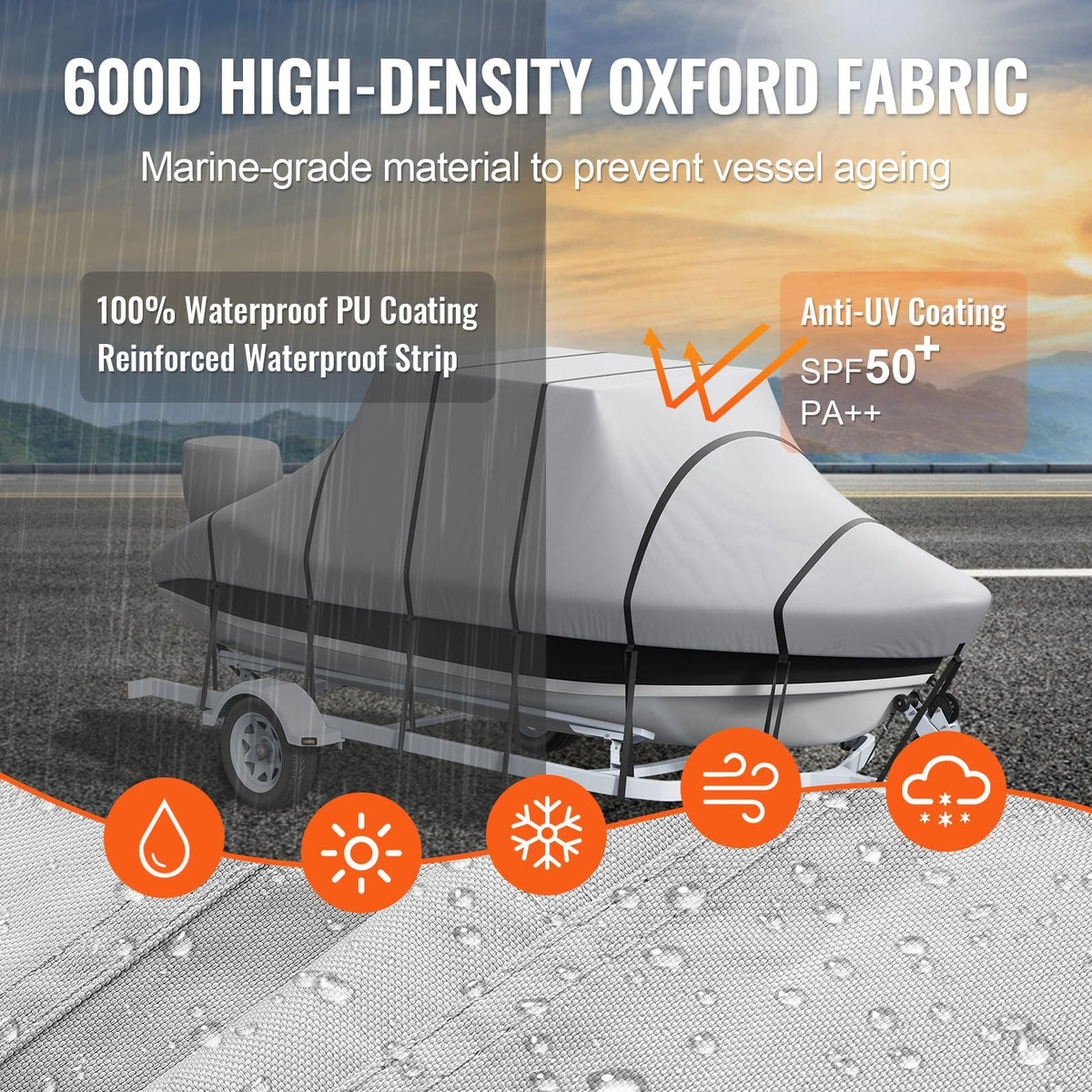 T Top Boat Cover, 20'-22' Waterproof Trailerable T-Top Boat Cover, 600D Marine Grade PU Oxford, with Windproof Buckle Straps, for Center Console Boat with T Top Roof, Fits 20'-22'L x 106"W, Grey