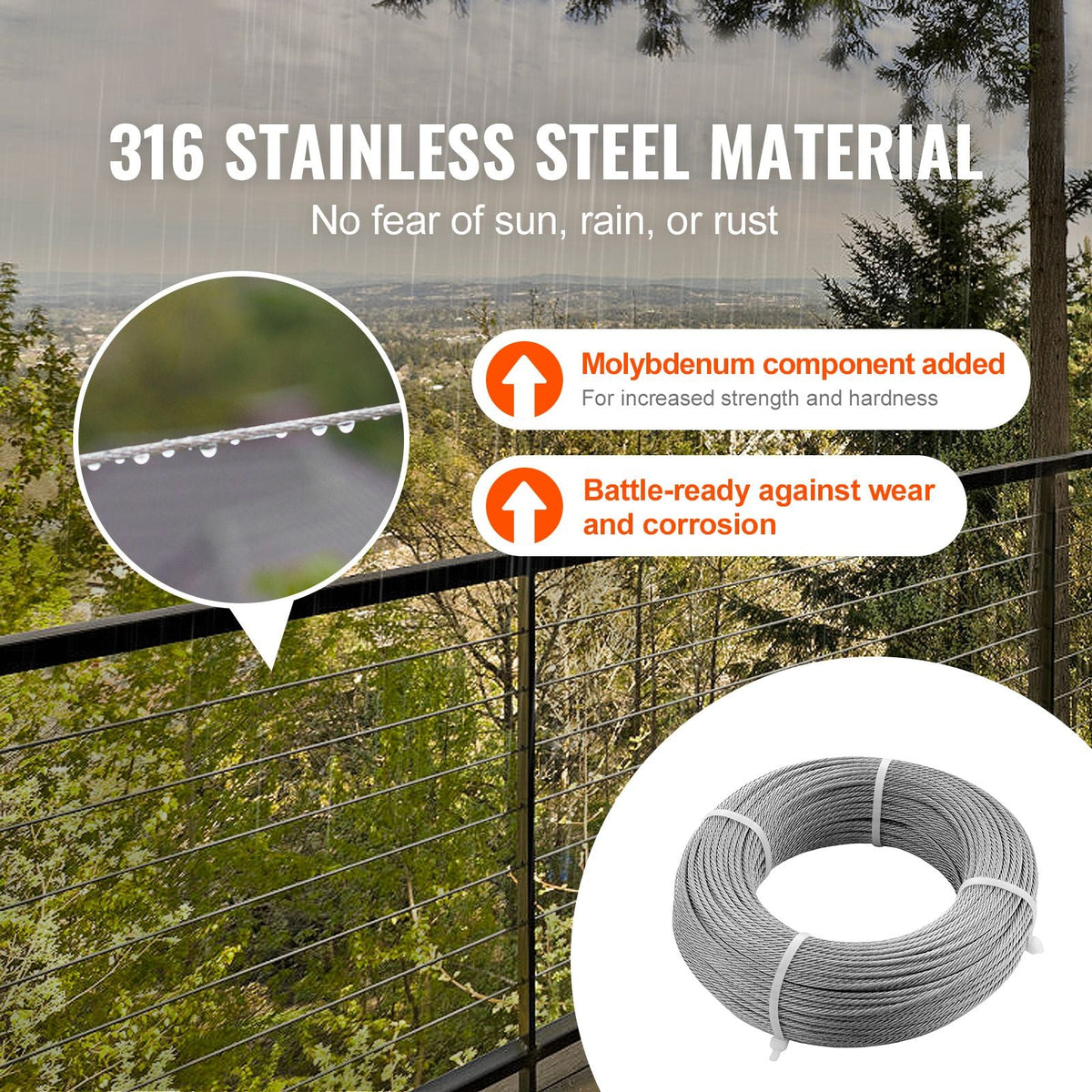 T316 Deck Railing Cable, 1/8" Stainless Steel Wire Rope 300 ft with Cutter Kit, 7x7 Strands Construction Marine Aircraft Grade for Handrail Stair Decking Fence Outdoors