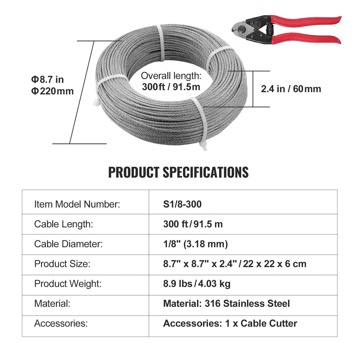 T316 Deck Railing Cable, 1/8" Stainless Steel Wire Rope 300 ft with Cutter Kit, 7x7 Strands Construction Marine Aircraft Grade for Handrail Stair Decking Fence Outdoors