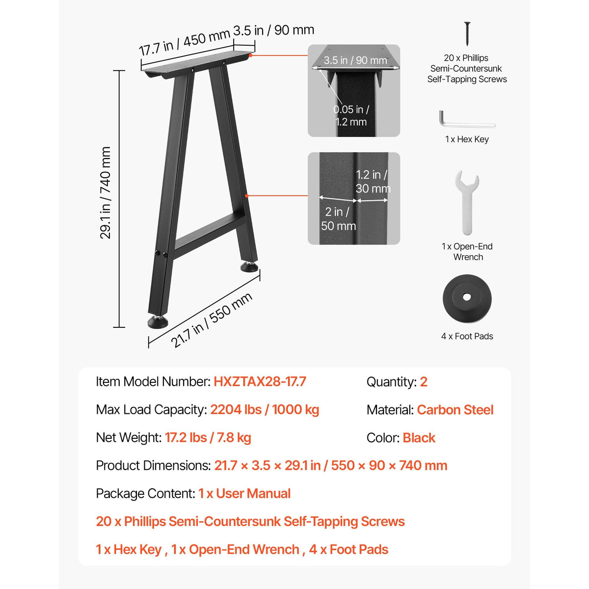 Table Legs, 29.1" H x 21.7" W Trapezoid Steel Furniture Legs, Modular Design, Easy Assembly, 2204 lbs Max Load Heavy Duty, Ideal for Home Office Desk, Coffee Dinner Bar Tables,Set of 2, Black