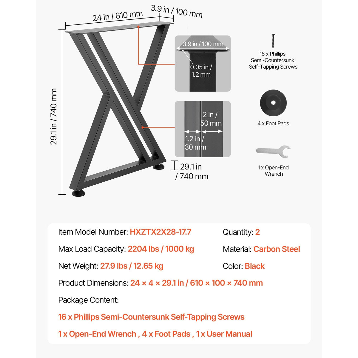 Table Legs, 29.1" H x 24" W Steel Furniture Legs, 2204 lbs Max Load Heavy Duty, Easy Installation, Sturdy & Stable for Home Office Desk DIY, Coffee Dinner Bar Tables, Workbench,Set of 2, Black
