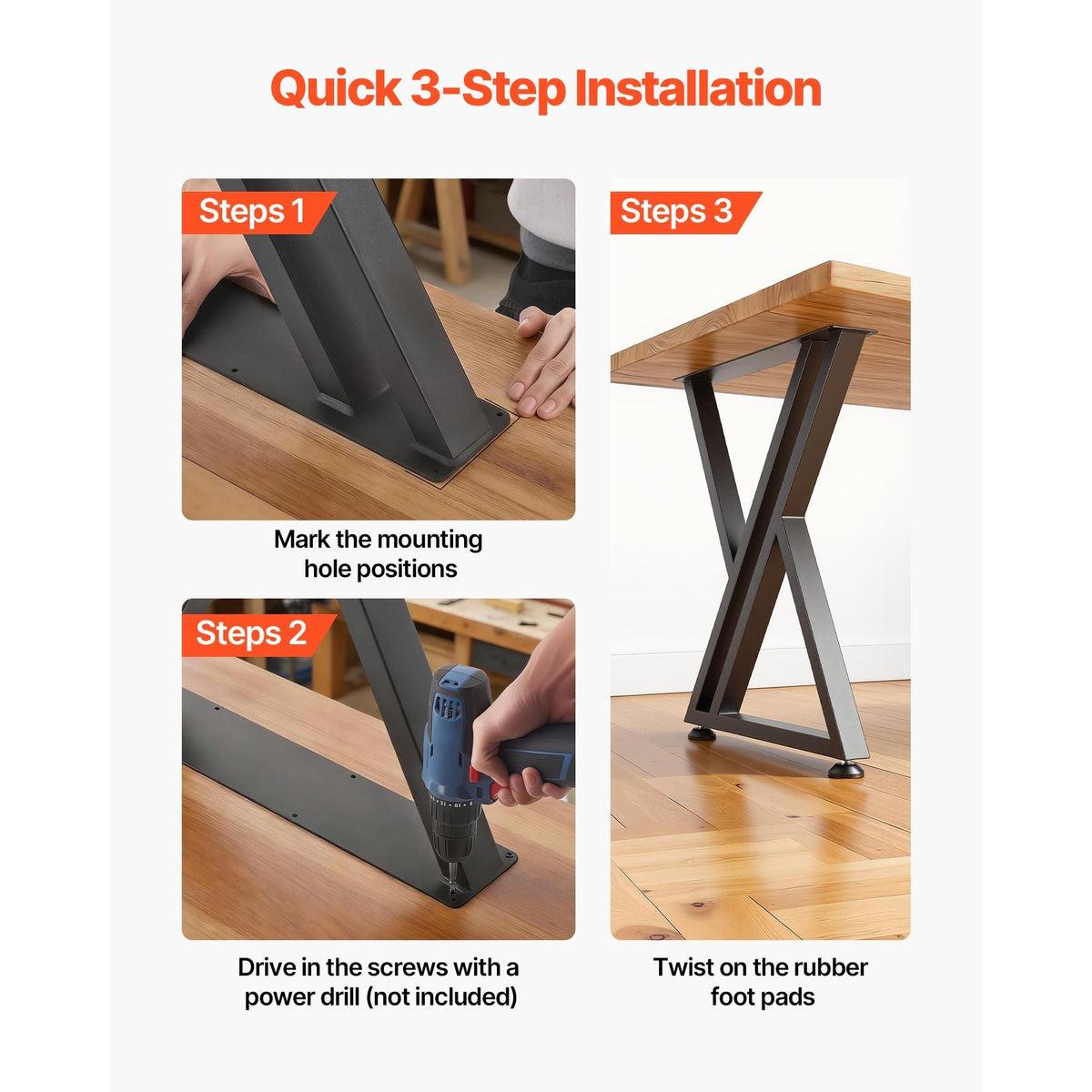 Table Legs, 29.1" H x 24" W Steel Furniture Legs, 2204 lbs Max Load Heavy Duty, Easy Installation, Sturdy & Stable for Home Office Desk DIY, Coffee Dinner Bar Tables, Workbench,Set of 2, Black