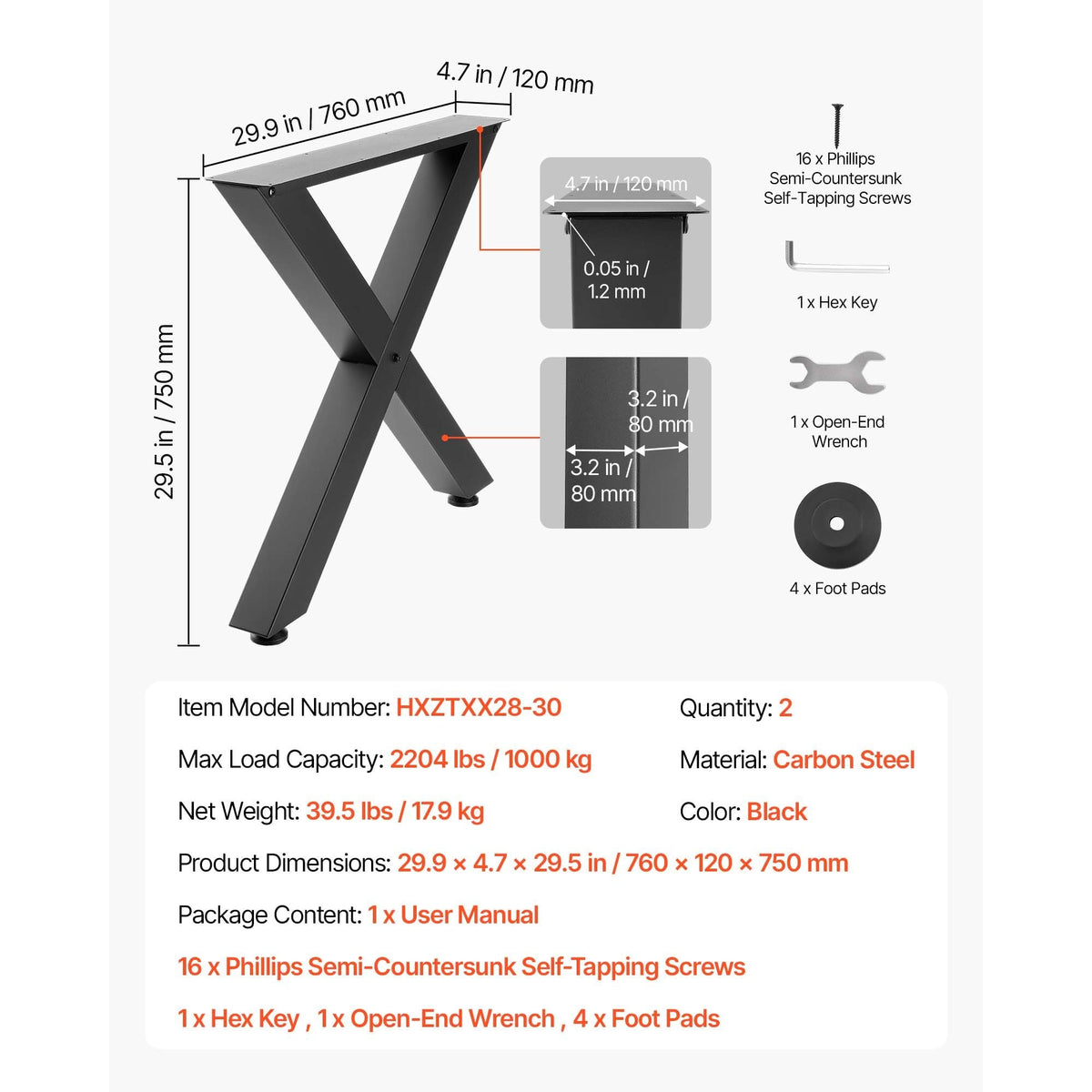 Table Legs, 29.5" H x 29.9" W Steel Furniture Legs, Modular Design, Easy Assembly, 2204 lbs Max Load Heavy Duty, for Home Office Desk, Coffee Dinner Bar Tables, Workbench,2 PCS, X Frame, Black