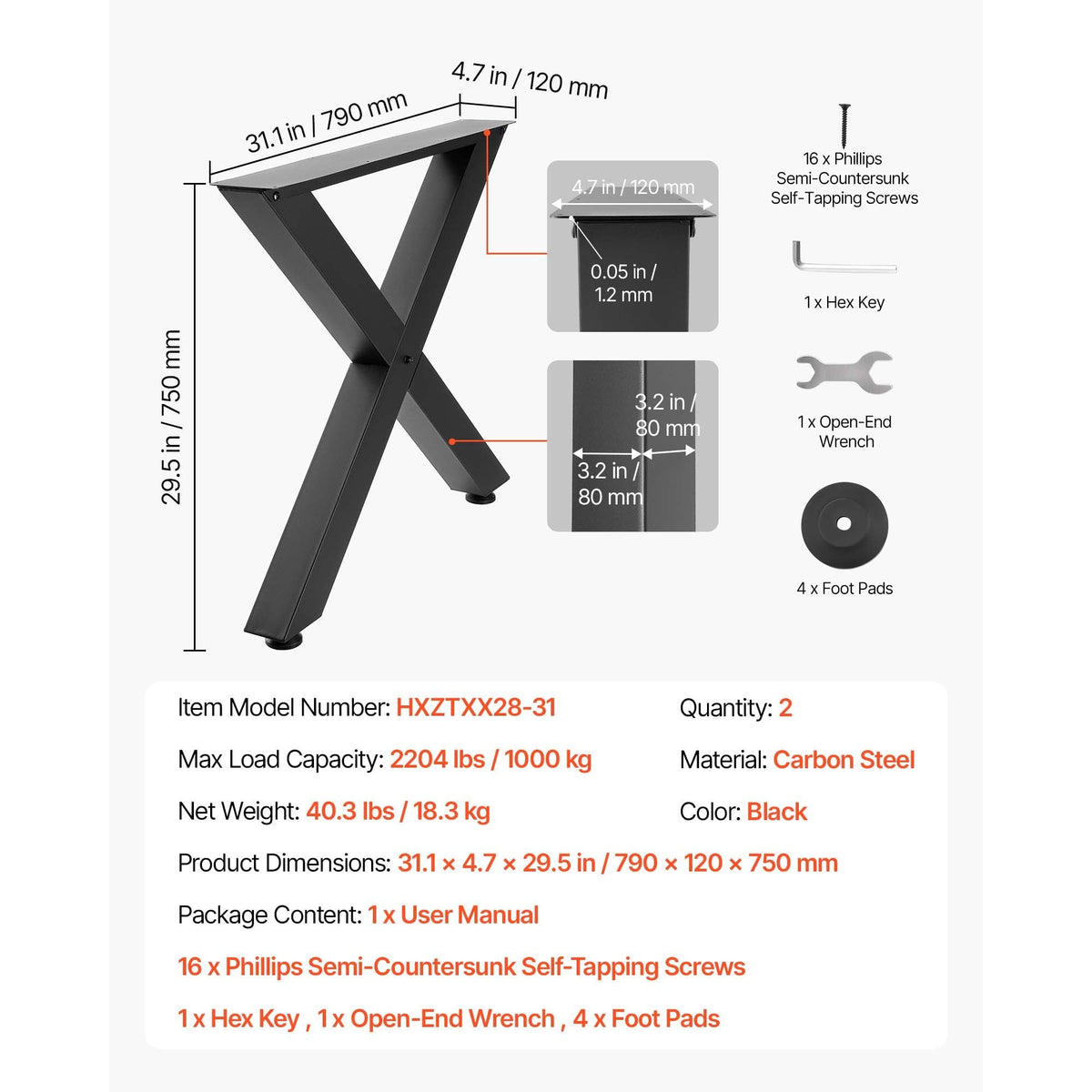 Table Legs, 29.5" H x 31.1" W Steel Furniture Legs, Modular Design, Easy Assembly, 2204 lbs Max Load Heavy Duty, for Home Office Desk, Coffee Dinner Bar Tables, Workbench,2 PCS, X Frame, Black