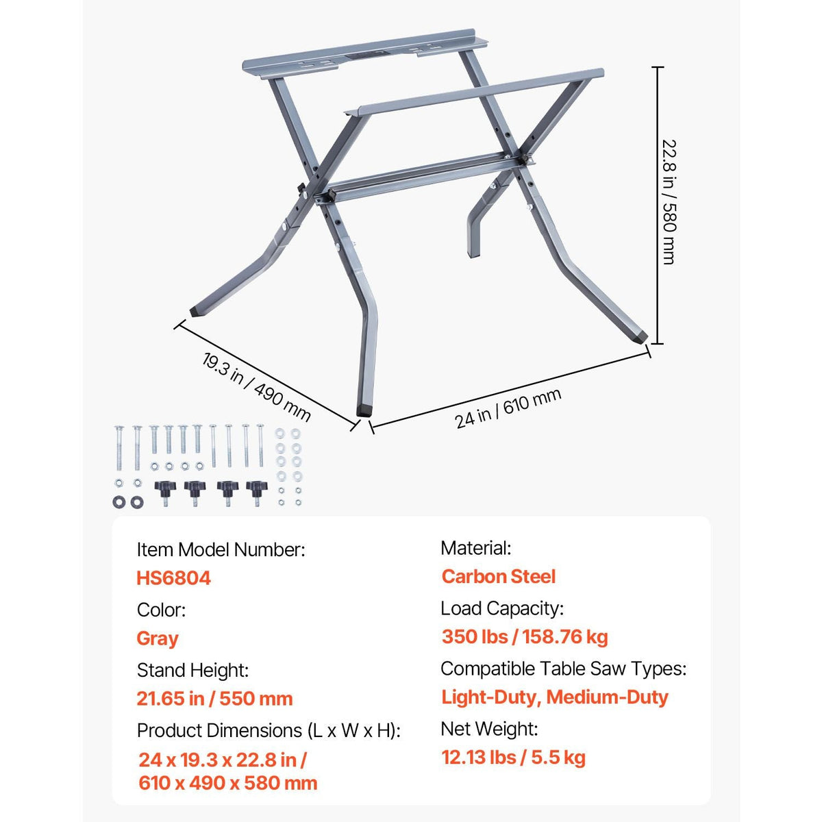 Table Saw Folding Stand, 350 lbs / 158.76 kg Load Capacity, Portable Compact Table Saw Stand, Heavy Duty Construction, Easy Storage, Foldable Design, Universal for Most Brands of Table Saws
