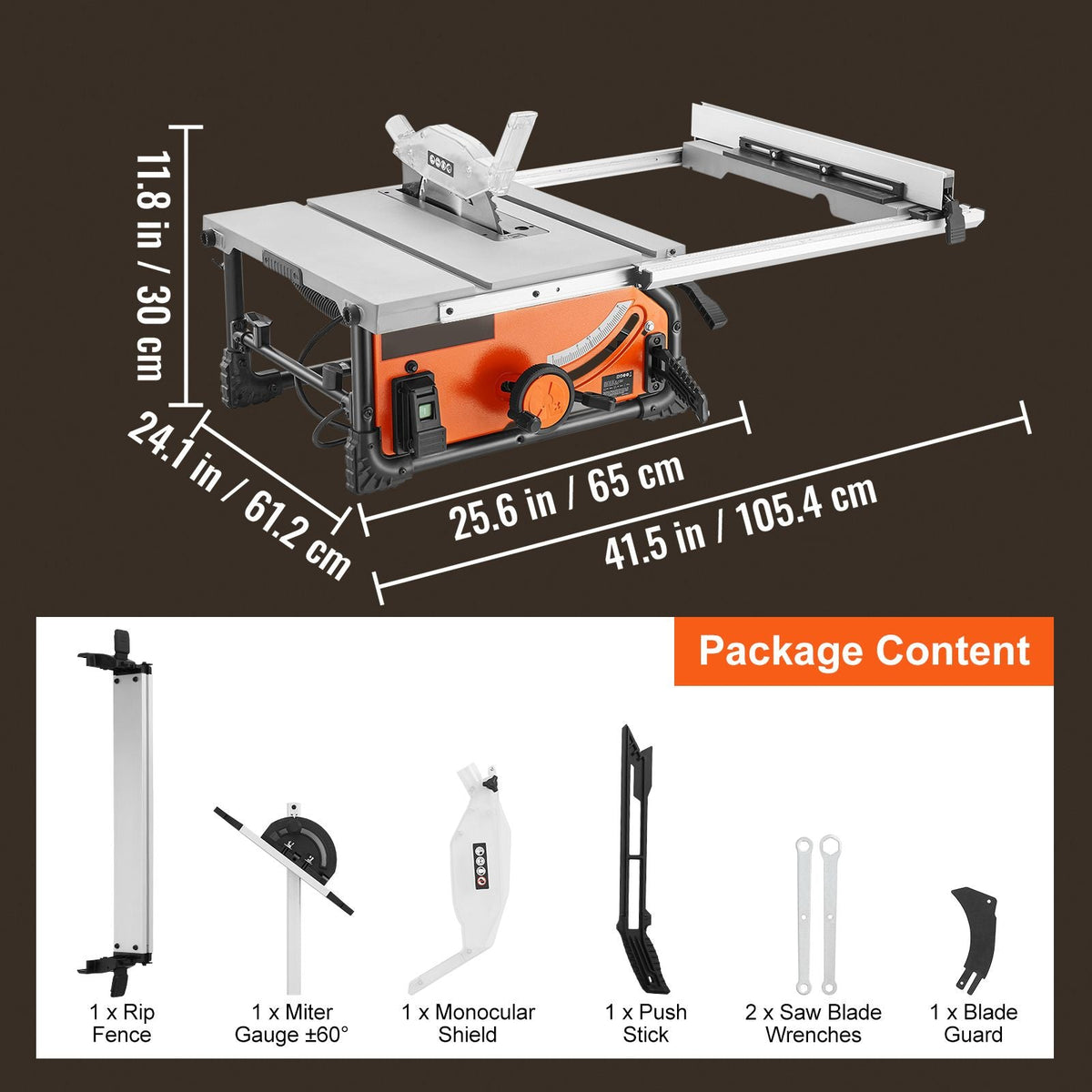 Table Saw for Jobsite, 10-inch 15-Amp, 25-in Max Rip Capacity, Cutting Speed up to 4500RPM, 40T Blade, Portable Compact Tablesaw with Sliding Miter Gauge for DIY Woodworking and Furniture Making