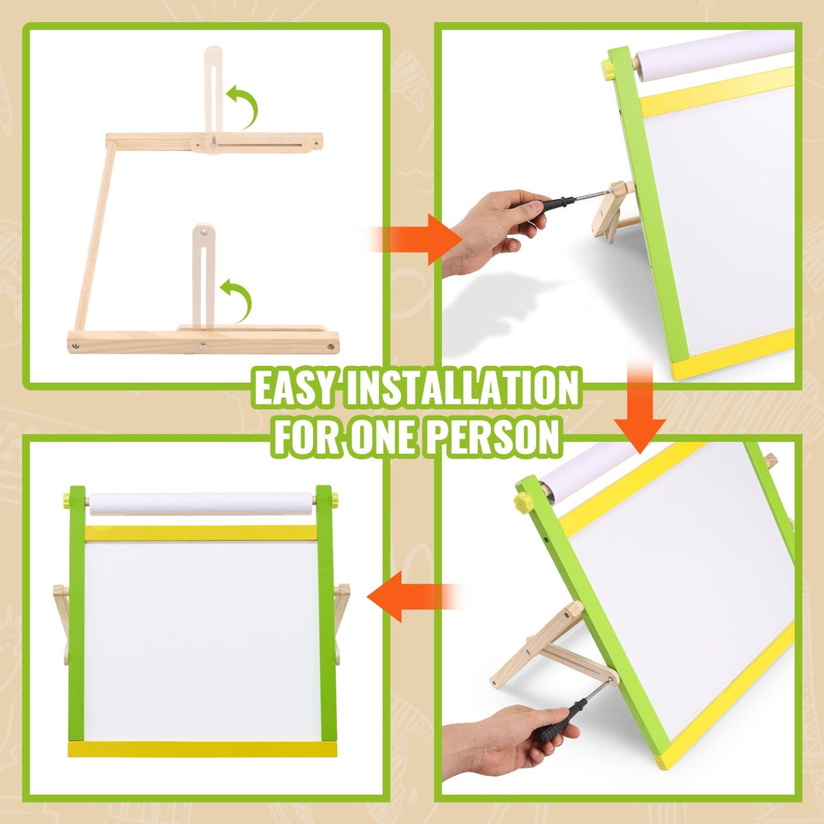 Tabletop Art Easel for Kids, 3-in-1 Wooden Double-Sided Kid's Art Easel with Magnetic Whiteboard, Chalkboard, Paper Roll, Foldable Portable Drawing Board with Painting Accessories for Boys Girls