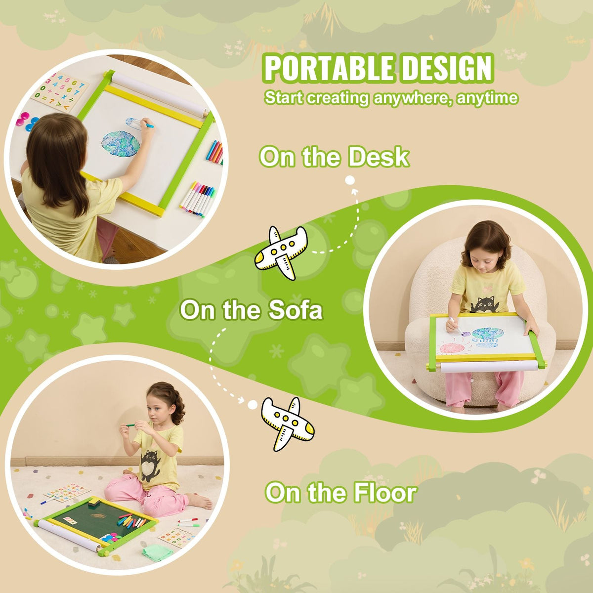 Tabletop Art Easel for Kids, 3-in-1 Wooden Double-Sided Kid's Art Easel with Magnetic Whiteboard, Chalkboard, Paper Roll, Foldable Portable Drawing Board with Painting Accessories for Boys Girls