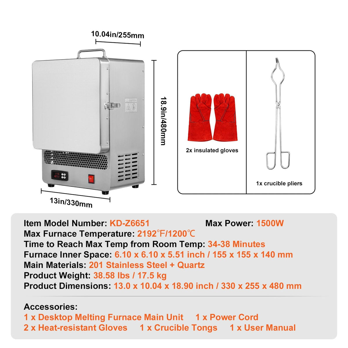 Tabletop Kiln Melter, 1500W Electric Kiln, 2192 F Max Temperature, Precise Control, Stainless Steel, Gold Melting Furnace for Wax Casting, Clay DIY, Metal Tempering, Glazing on Pottery, Silver