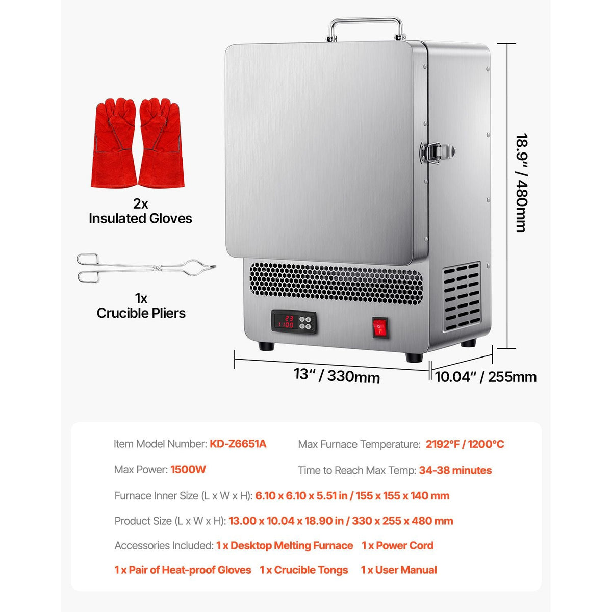 Tabletop Kiln Melter, 1500W Electric Kiln, 2192 Fahrenheit Max Temp, Stainless Steel, Programmable Gold Melting Furnace for Wax Casting, Clay DIY, Metal Tempering, Glazing on Pottery, Silver