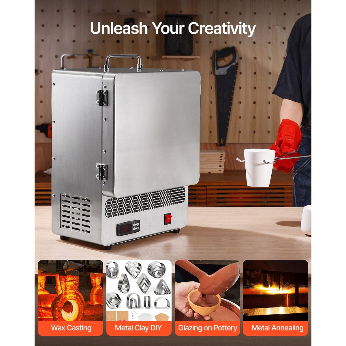 Tabletop Kiln Melter, 1500W Electric Kiln, 2192 Fahrenheit Max Temp, Stainless Steel, Programmable Gold Melting Furnace for Wax Casting, Clay DIY, Metal Tempering, Glazing on Pottery, Silver