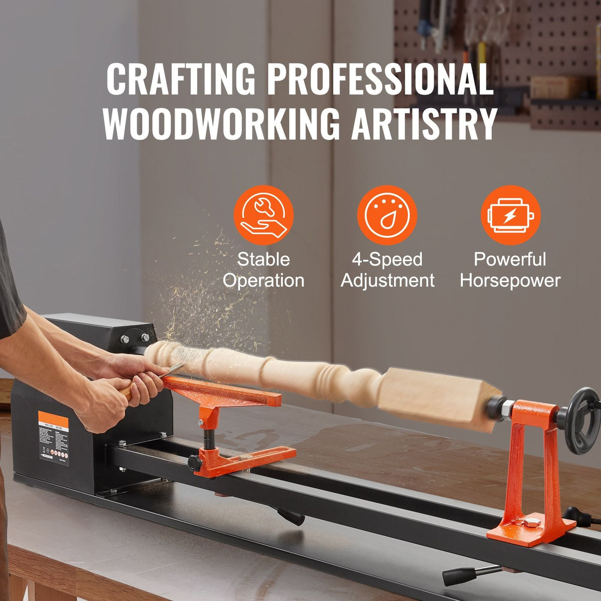 Tabletop Wood Lathe, Dimensions 14x40 inches, Motor Power 0.5 HP 370W, Features Variable Speeds 885/1245/1715/2425 RPM, Includes Chisels, Faceplate, Plastic Handle, Hex Wrench, Ideal for Craf