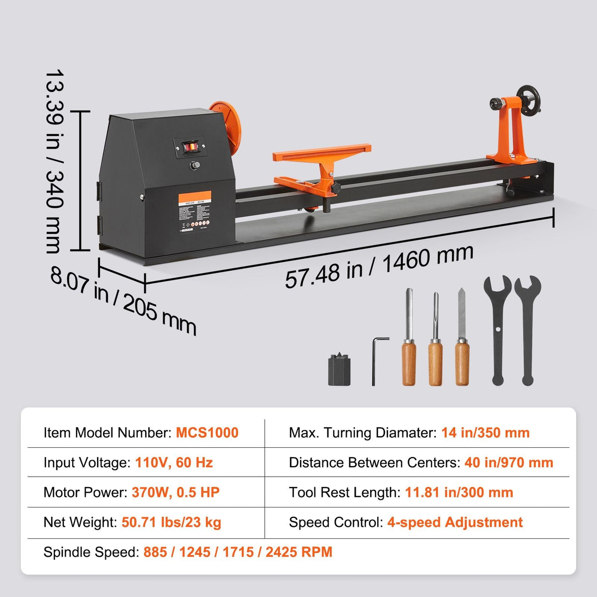 Tabletop Wood Lathe, Dimensions 14x40 inches, Motor Power 0.5 HP 370W, Features Variable Speeds 885/1245/1715/2425 RPM, Includes Chisels, Faceplate, Plastic Handle, Hex Wrench, Ideal for Craf