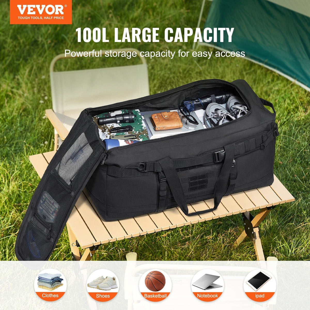 Tactical Duffle Bag 100L Gym Bag Duffle with Molle Design and Multi-mesh Bag, for workouts, cycling, gym sessions, beach trips, swimming pools, hunting, hiking, camping, and many outdoor activities