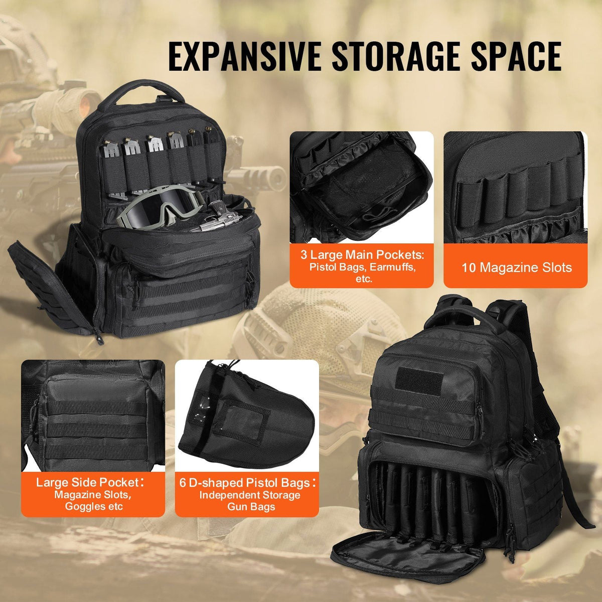 Tactical Range Backpack for 6 Pistols, Gun Backpack with 6 Independent Pistol Bags & 10 Magazines, Pistol Backpack for Outdoor Hunting Shooting, Range Bag for Handguns Lockable Zipper, Black