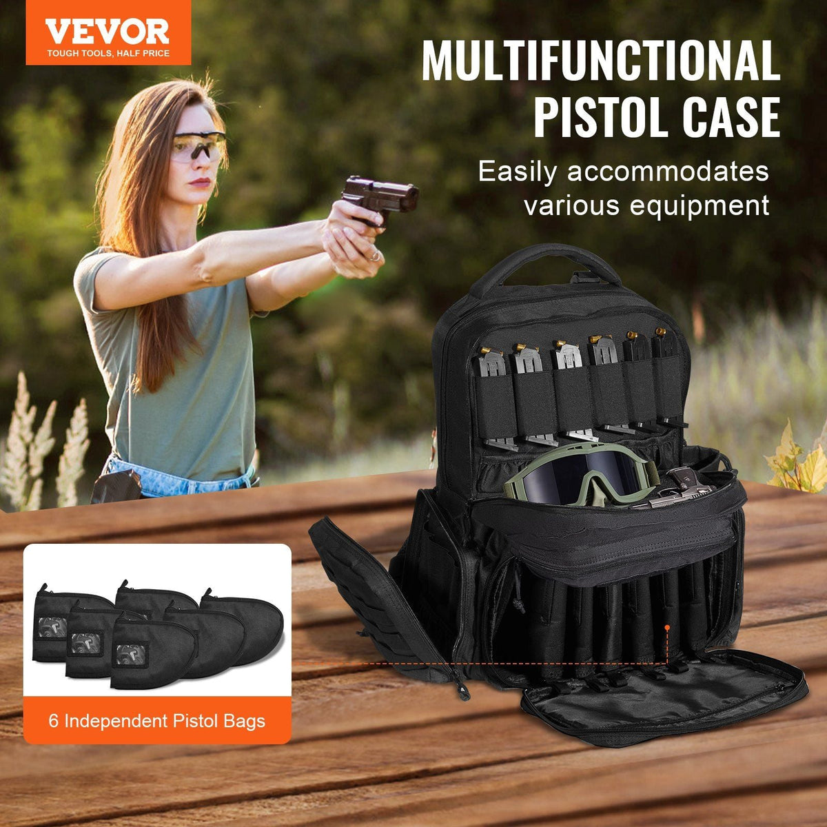 Tactical Range Backpack for 6 Pistols, Gun Backpack with 6 Independent Pistol Bags & 10 Magazines, Pistol Backpack for Outdoor Hunting Shooting, Range Bag for Handguns Lockable Zipper, Black