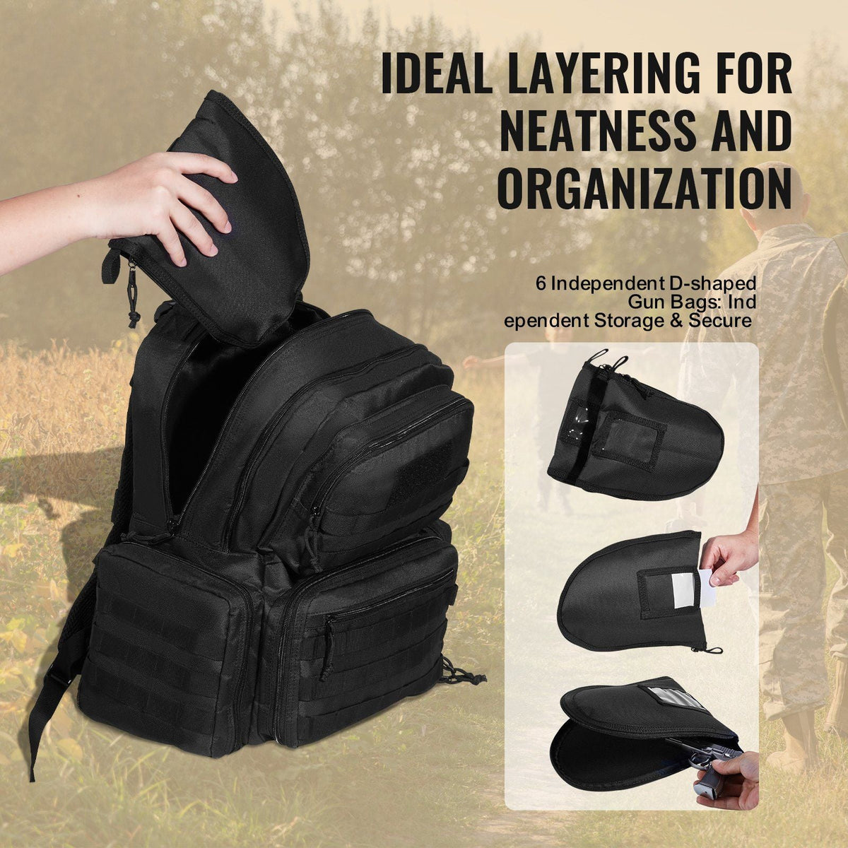Tactical Range Backpack for 6 Pistols, Gun Backpack with 6 Independent Pistol Bags & 10 Magazines, Pistol Backpack for Outdoor Hunting Shooting, Range Bag for Handguns Lockable Zipper, Black