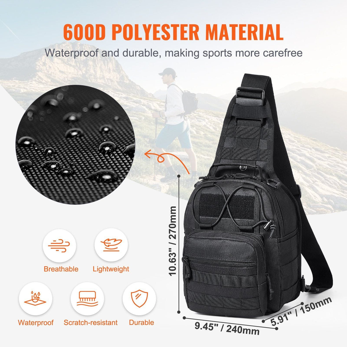 Tactical Sling Bag 10L Military Rover Shoulder Sling Backpack Black, for Men, Outdoor Military Rover Shoulder Sling Chest Pack MOLLE system, for Sports, Travel, Hiking, Range (Black)