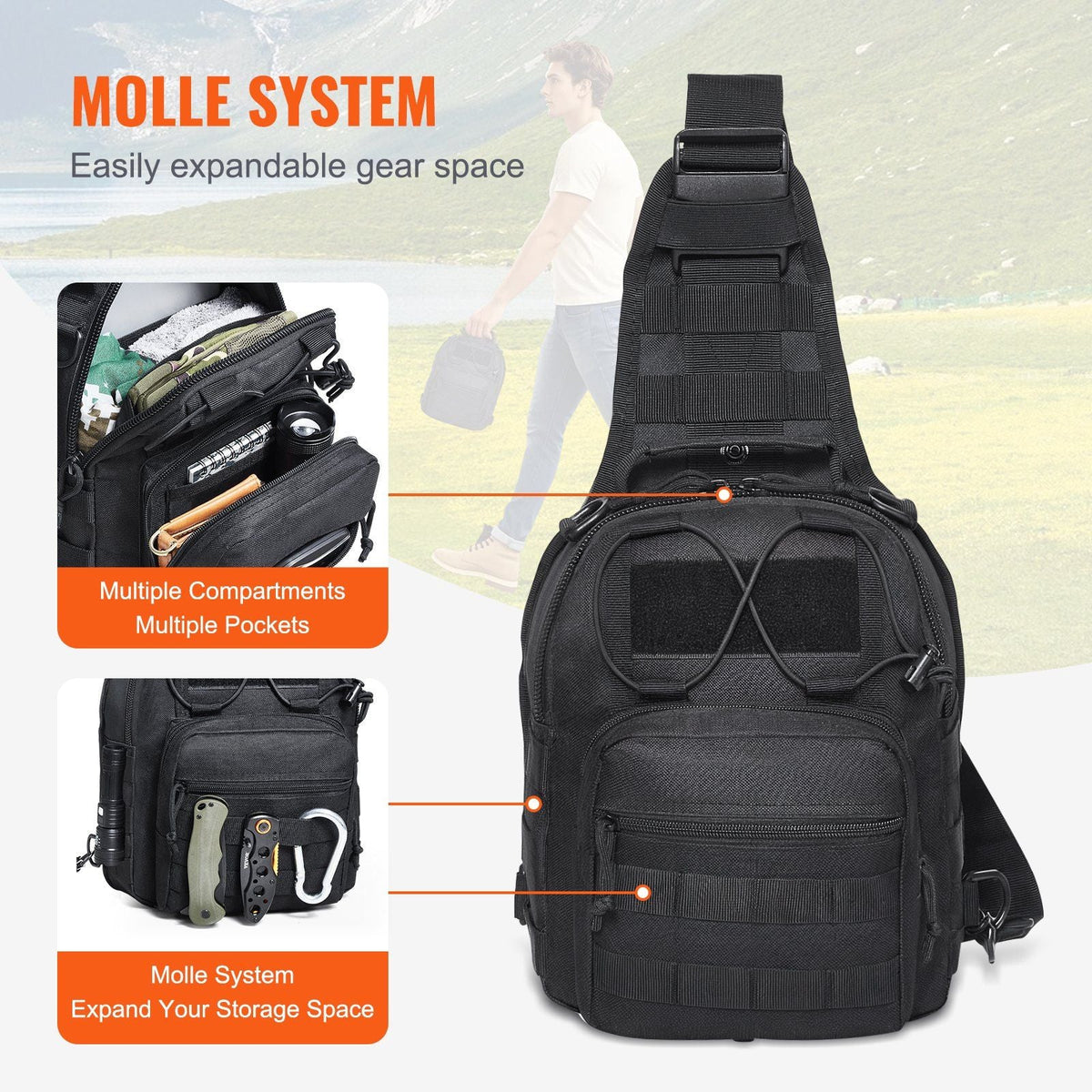 Tactical Sling Bag 10L Military Rover Shoulder Sling Backpack Black, for Men, Outdoor Military Rover Shoulder Sling Chest Pack MOLLE system, for Sports, Travel, Hiking, Range (Black)