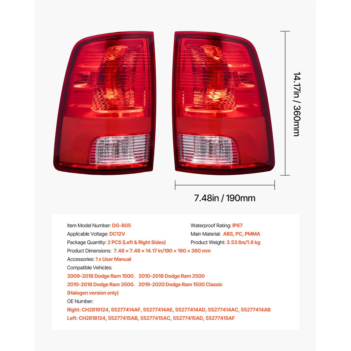 Tail Light Assembly Compatible with 2009-2018 Dodge Ram 1500 2500 3500, 2019-2020 Dodge Ram 1500 Classic, Halogen Version Left & Right Side Taillight Rear Brake Lamps with Halogen Bulbs, 2PCS