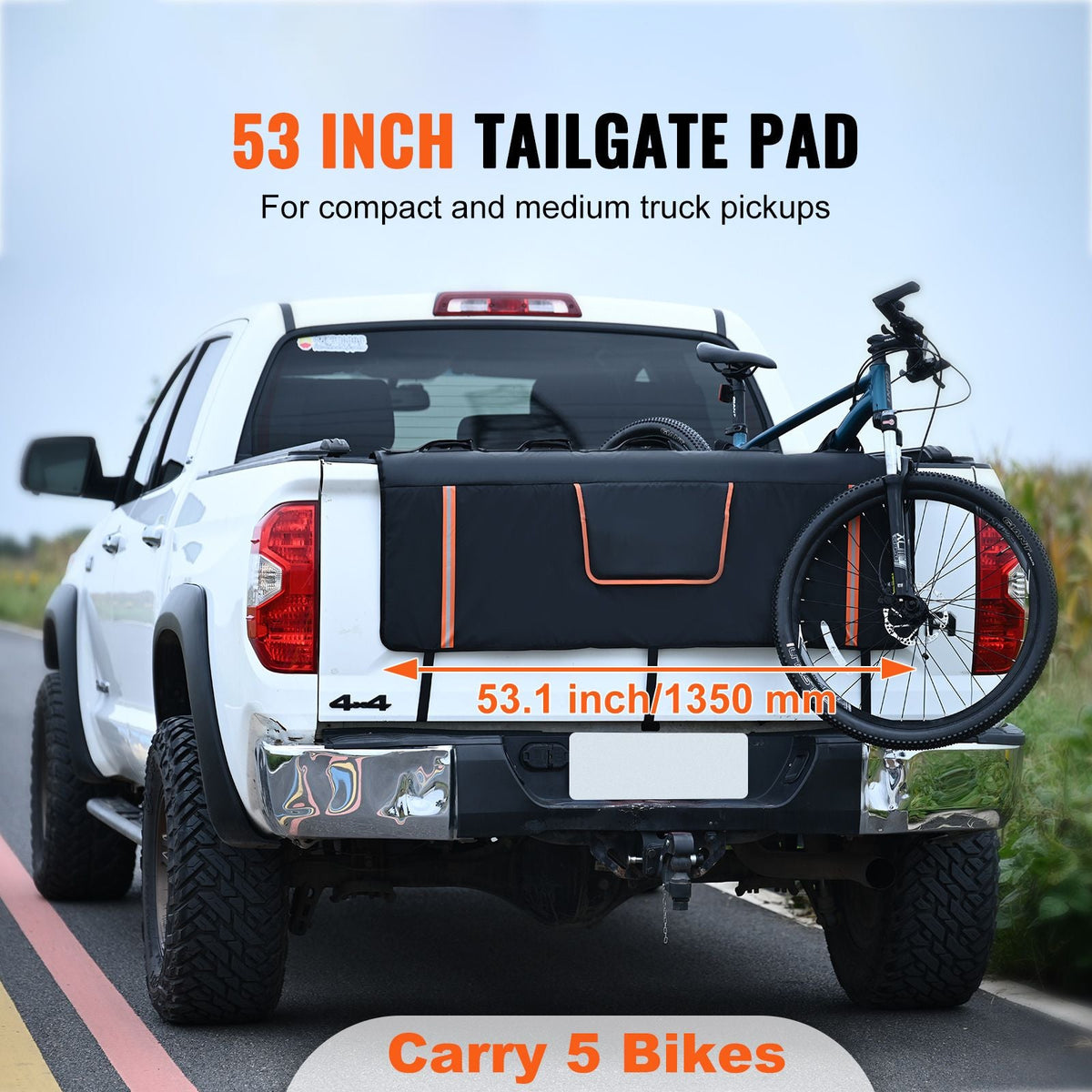 Tailgate Bike Pad, 53" Truck Tailgate Pad Carry 5 Mountain Bikes, Upgraded Grooves Tailgate Protection Pad with Reflective Strips and Tool Pockets, with Camera Opening for Mid-Size Pickup Trucks