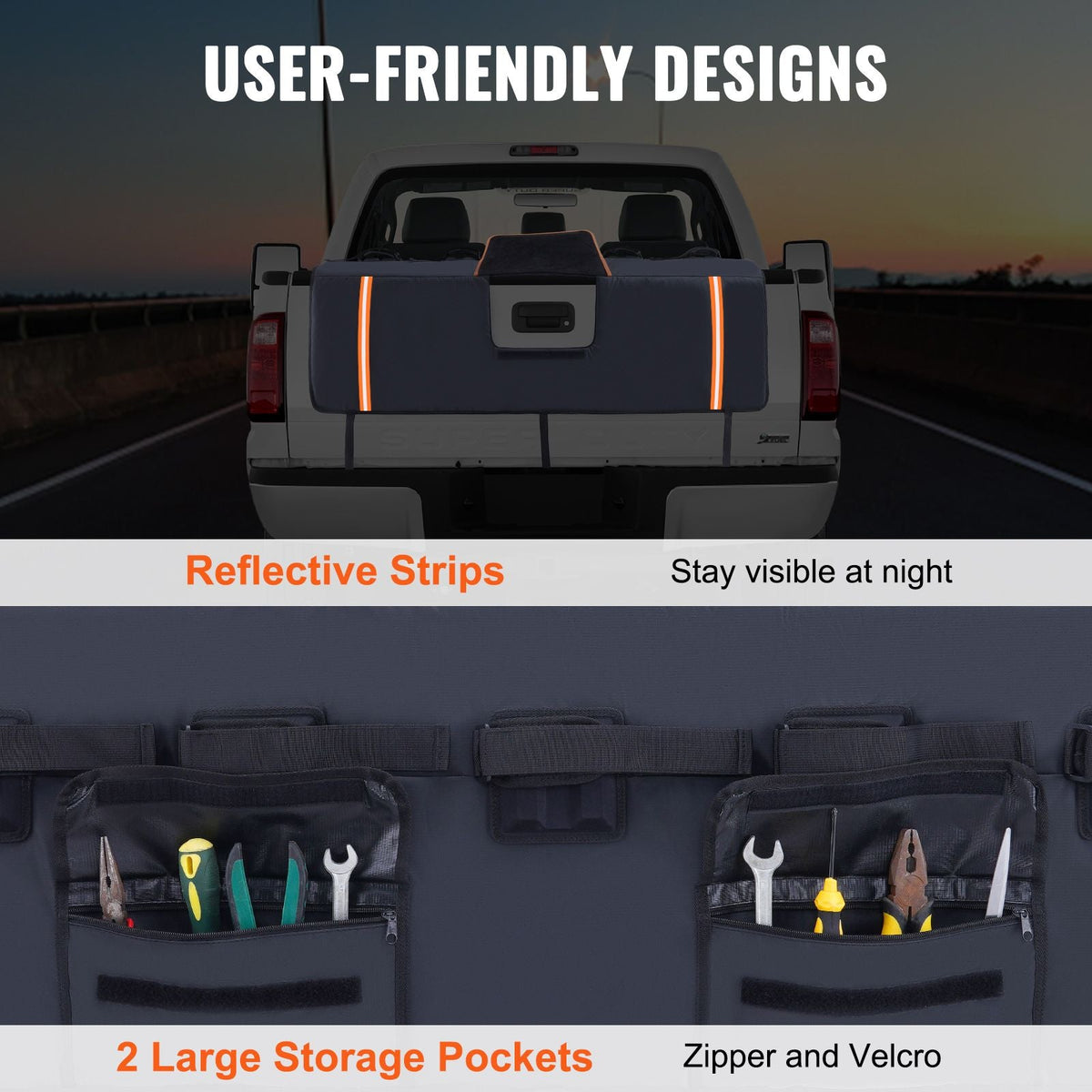 Tailgate Bike Pad, 53" Truck Tailgate Pad Carry 5 Mountain Bikes, Upgraded Grooves Tailgate Protection Pad with Reflective Strips and Tool Pockets, with Camera Opening for Mid-Size Pickup Trucks