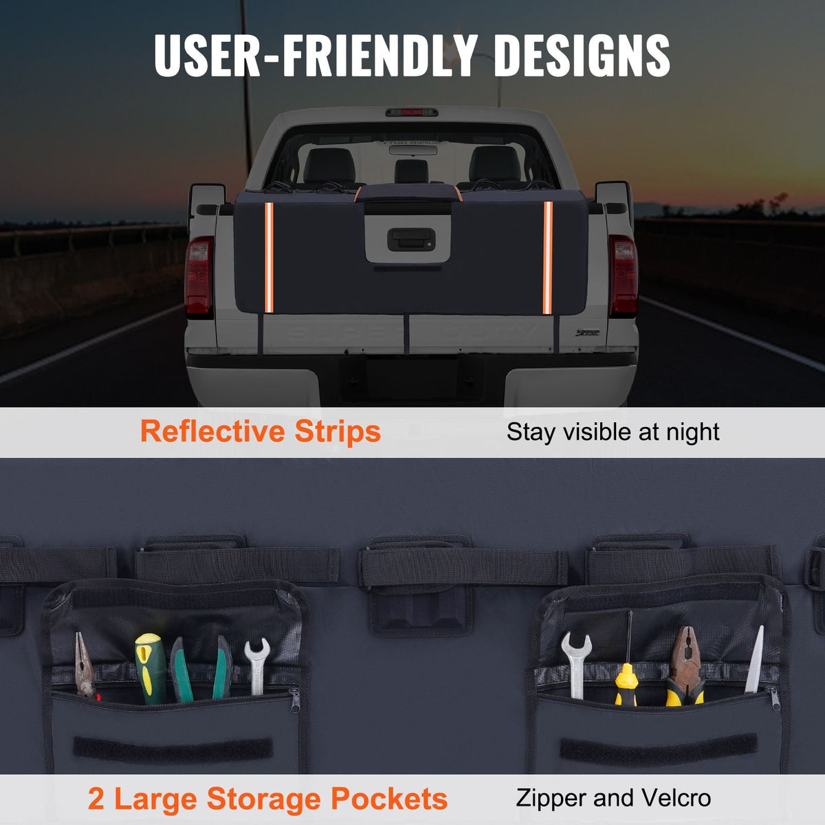 Tailgate Bike Pad, 62" Truck Tailgate Pad Carry 6 Mountain Bikes, Upgraded Grooves Tailgate Protection Pad with Reflective Strips and Tool Pockets, with Camera Opening for Most Pickup Trucks