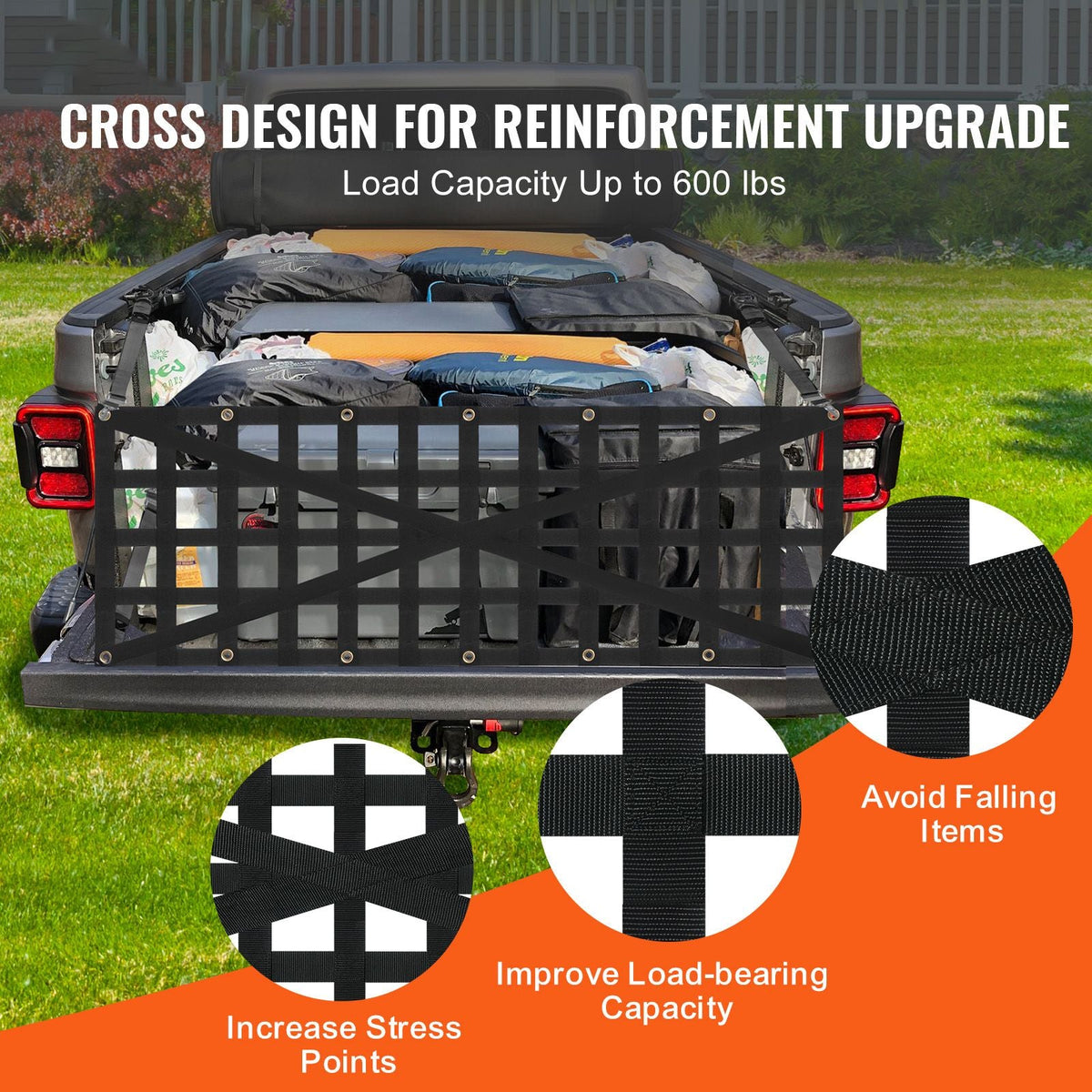 Tailgate Net, 54 in x 18 in, Heavy Duty Cargo Net for Truck Bed with 4 Adjustable Telescopic Straps, Cross-reinforced Design, Extendable & Durable, Suitable for Pickup, Truck, Trailer, Jeep, SUV