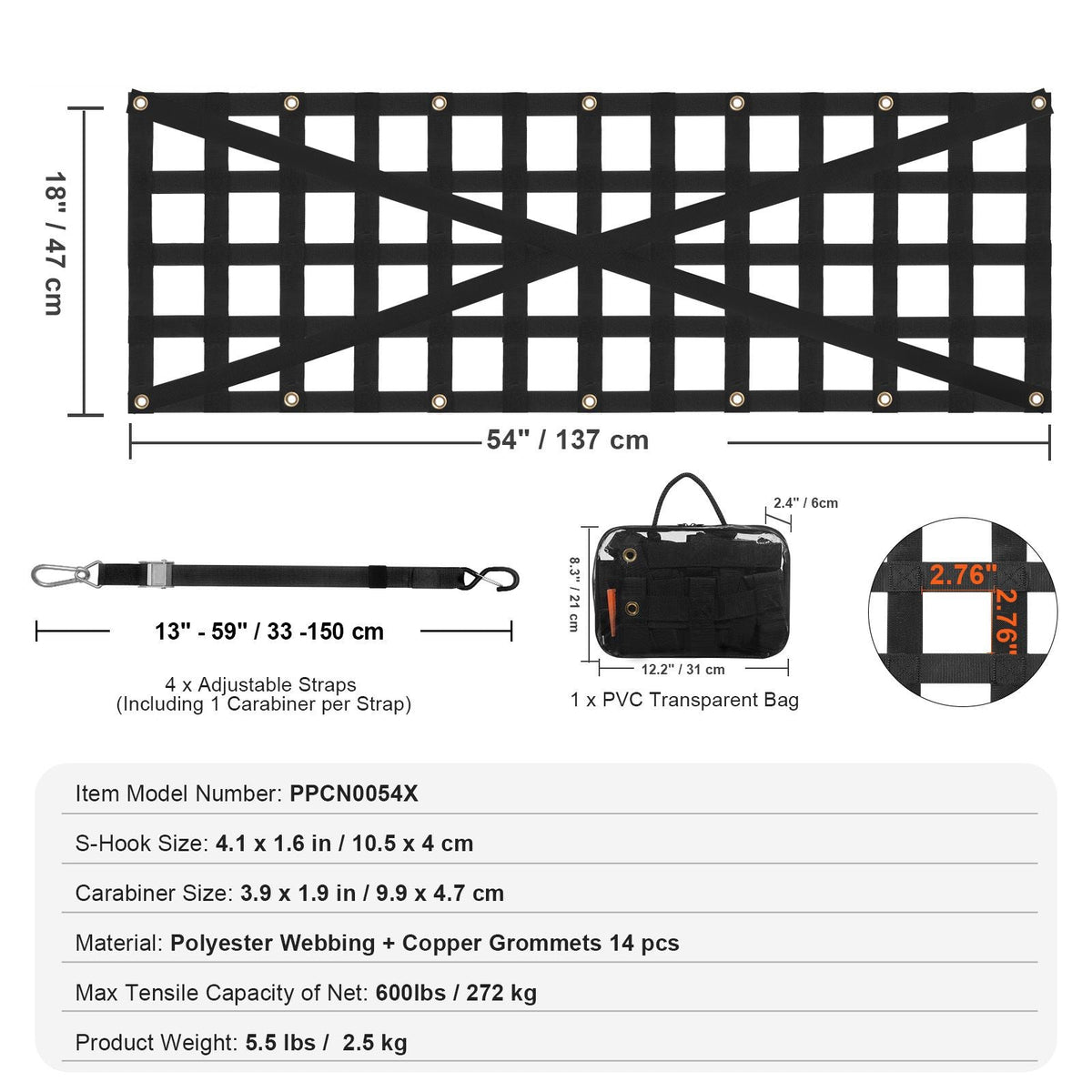 Tailgate Net, 54 in x 18 in, Heavy Duty Cargo Net for Truck Bed with 4 Adjustable Telescopic Straps, Cross-reinforced Design, Extendable & Durable, Suitable for Pickup, Truck, Trailer, Jeep, SUV