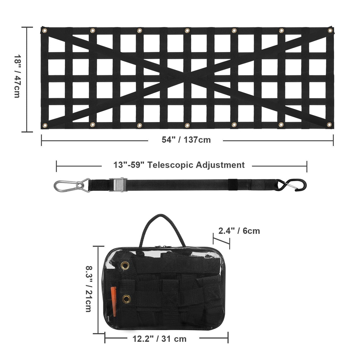 Tailgate Net, 54 in x 18 in, Heavy Duty Cargo Net for Truck Bed with 4 Adjustable Telescopic Straps, Cross-reinforced Design, Extendable & Durable, Suitable for Pickup, Truck, Trailer, Jeep, SUV